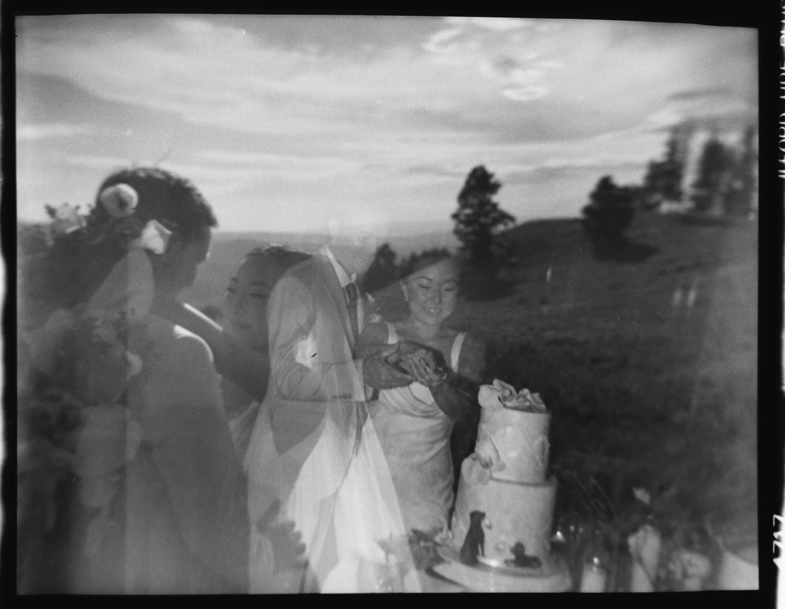 Black and white photo of a woman cutting a birthday cake outdoors during daytime, with a man and children nearby, trees and a cloudy sky in the background.