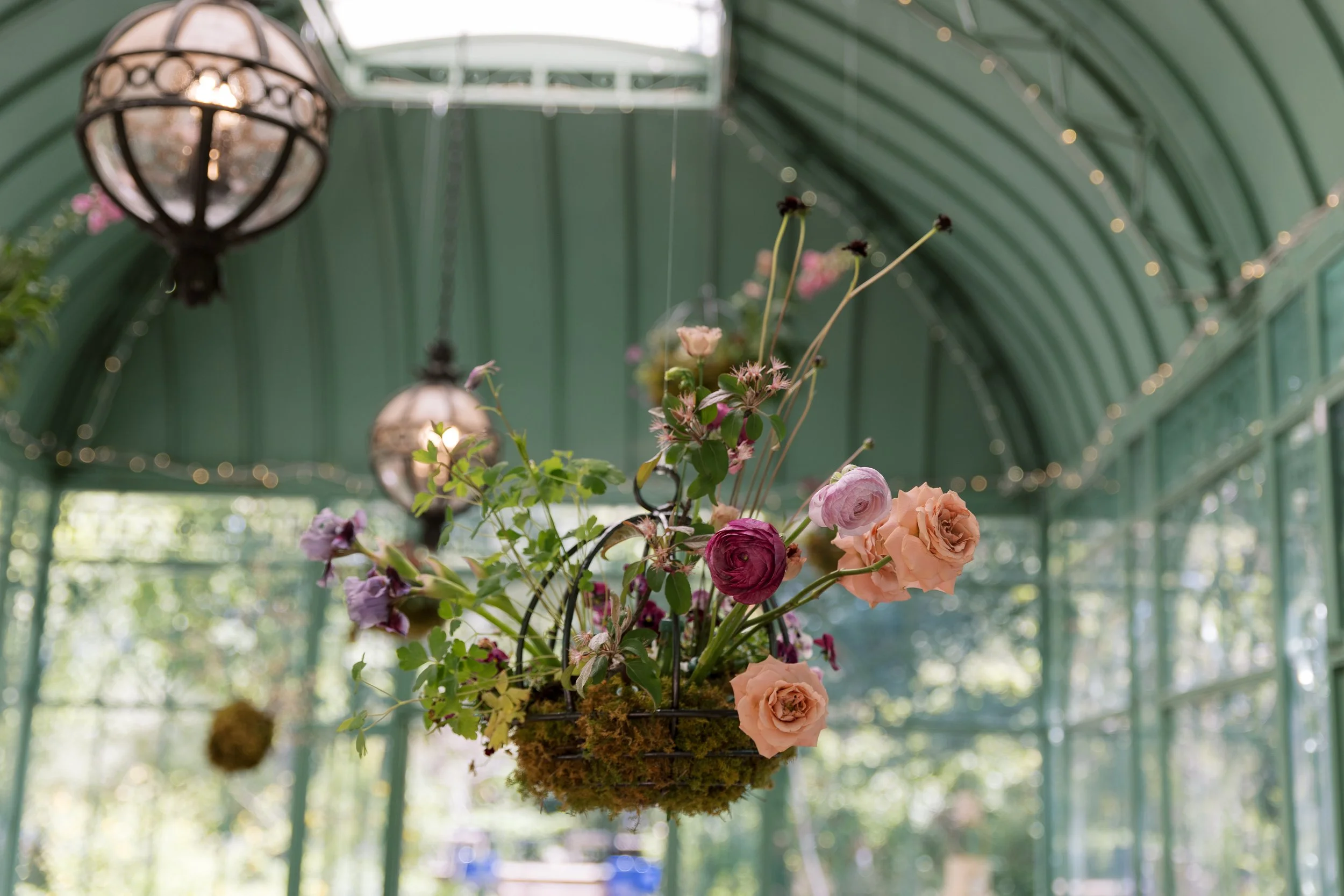 Hanging flower arrangement inside a greenhouse with sunlight and string lights.