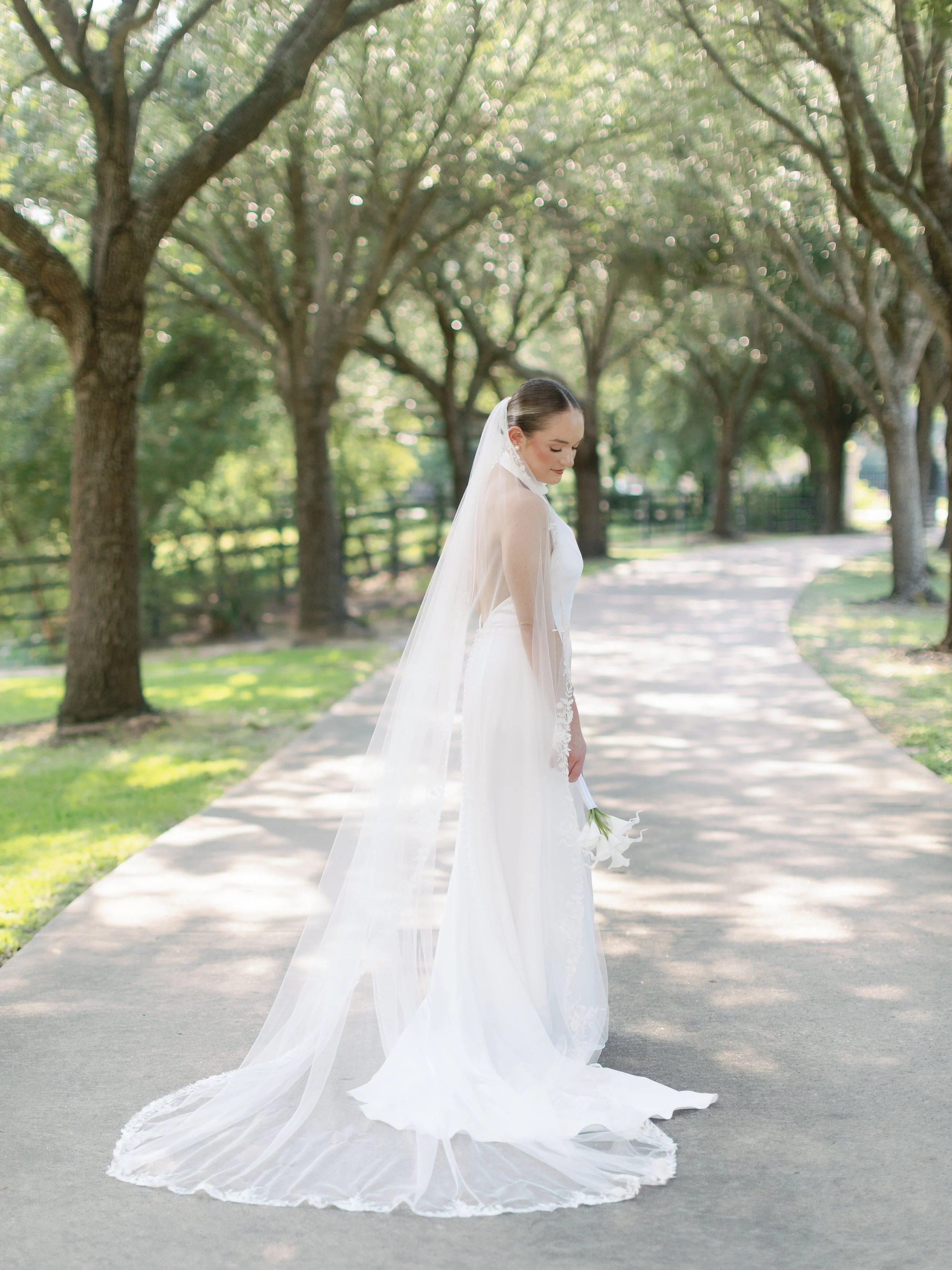 A bride in a white wedding dress standing on a tree-lined pathway holding a small bouquet, with a long veil flowing behind her.
