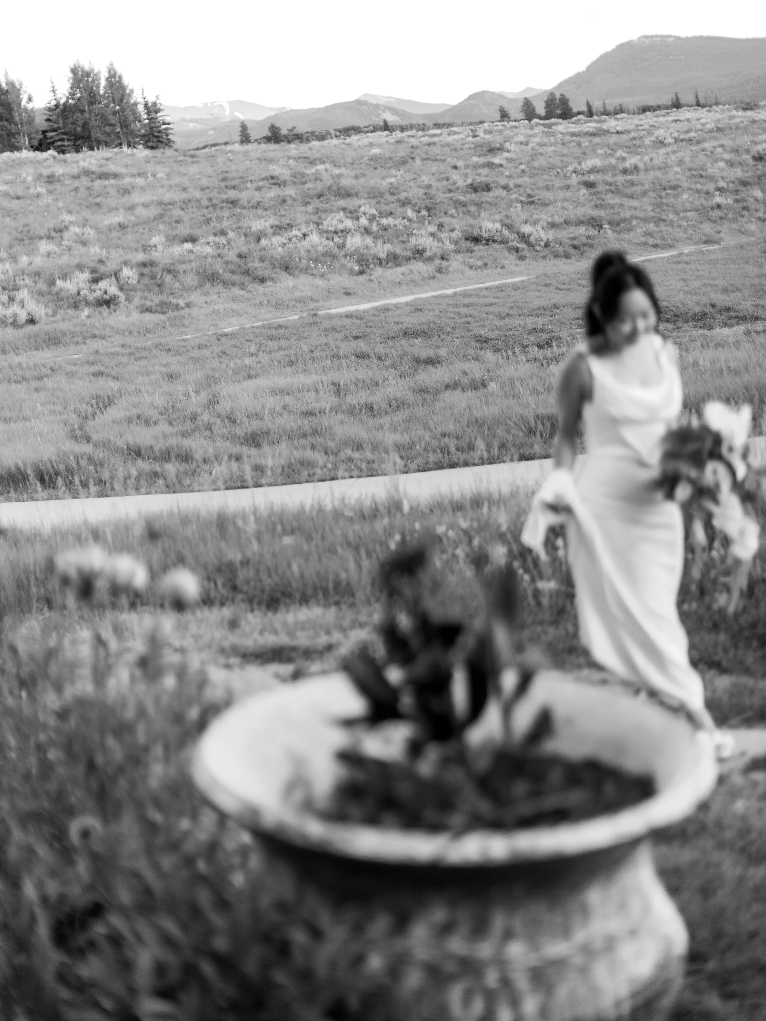 A black-and-white photo of a woman in a white dress holding a bouquet, walking outdoors in a grassy area with mountains in the background. In the foreground, a blurred lion statue is visible.