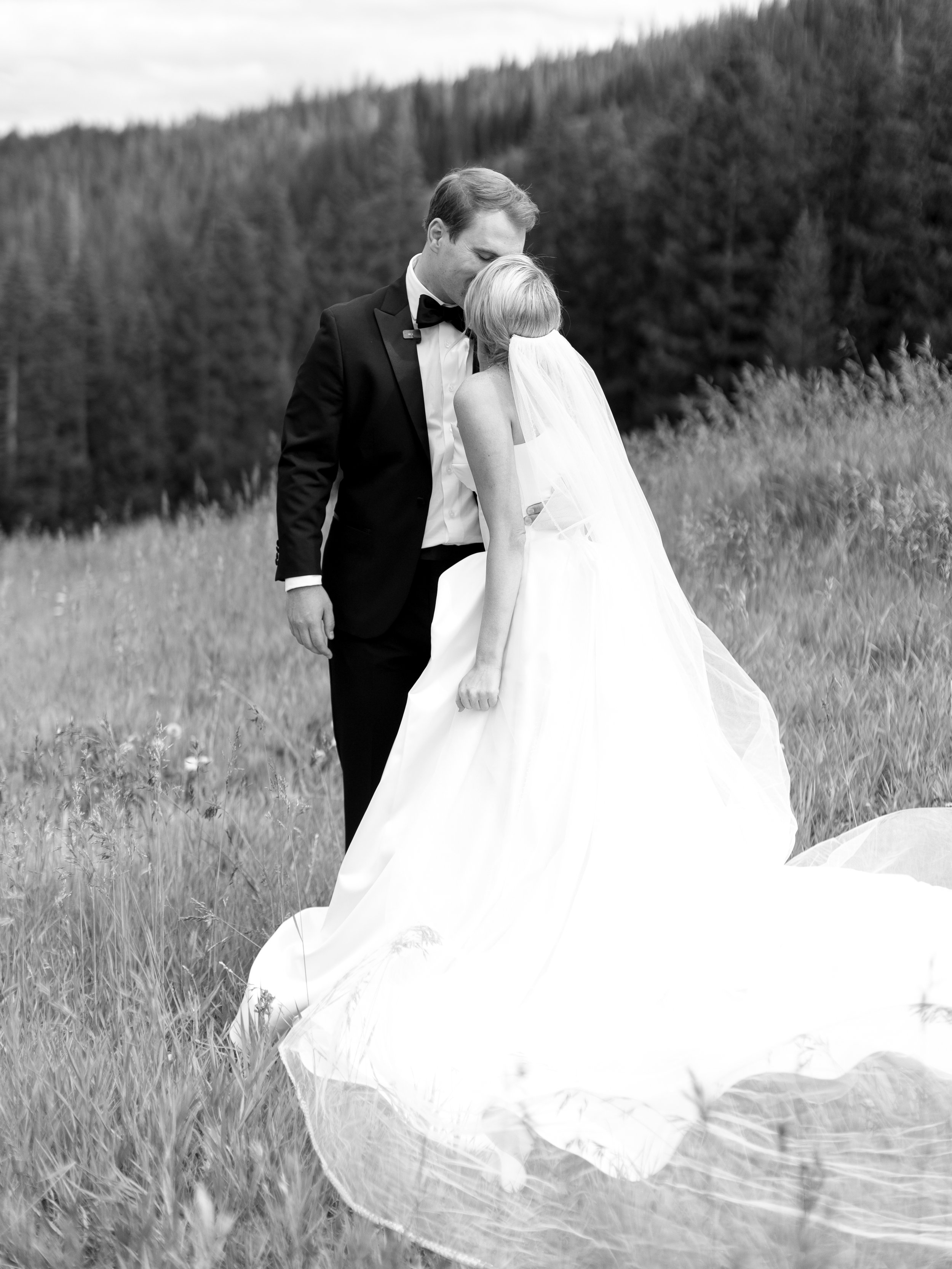 Black and white photo of a bride and groom in a grassy field, sharing a kiss. The groom is wearing a tuxedo, and the bride is in a wedding dress with a veil. There are trees and hills in the background.