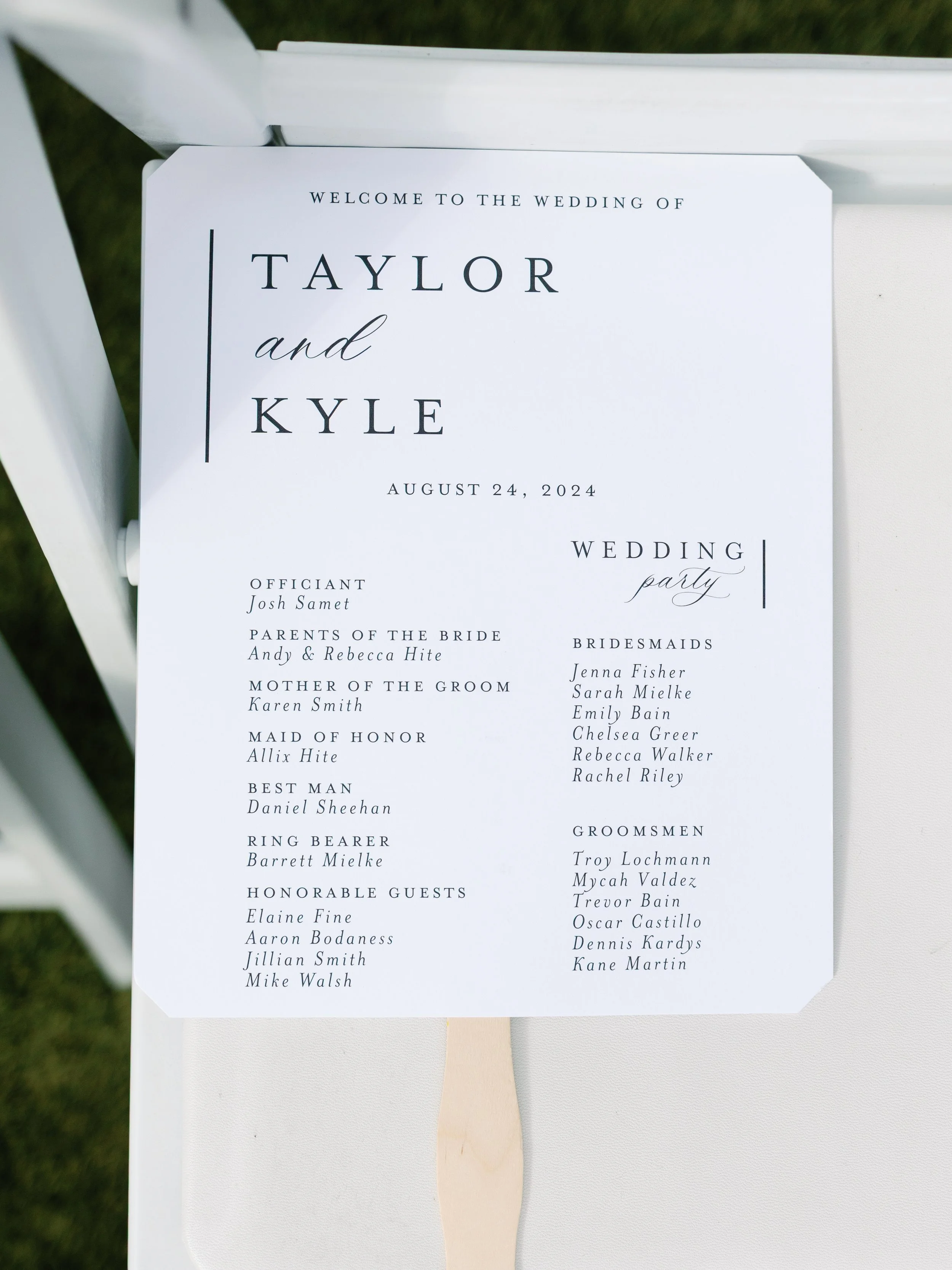 Wedding program for Taylor and Kyle's wedding on August 24, 2024, listing officiant, parents, mother of the groom, maid of honor, best man, ring bearer, honorable guests, and wedding party members.