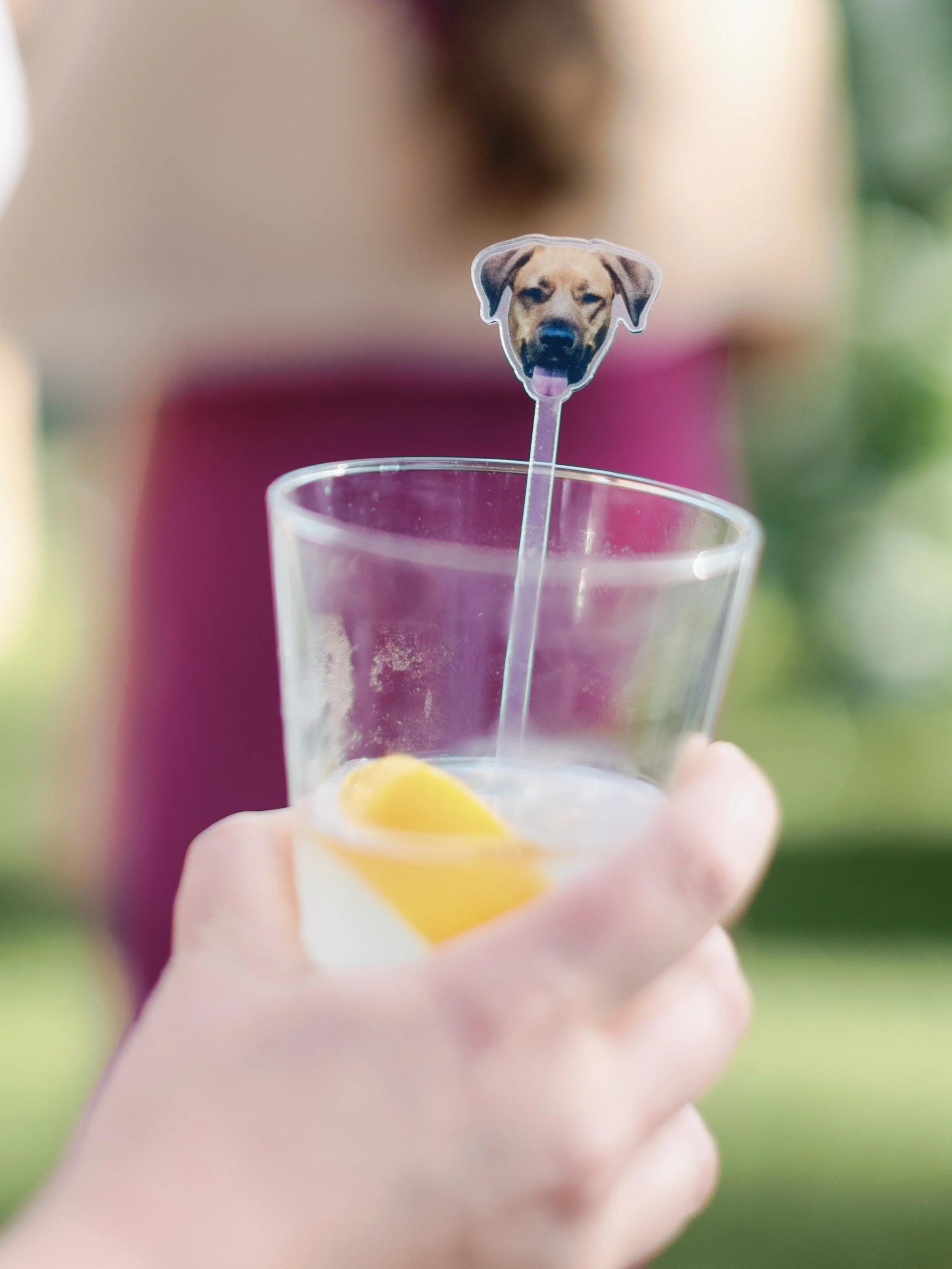 Person holding a glass with lemon and ice, with a drinking straw featuring a dog’s face attached.