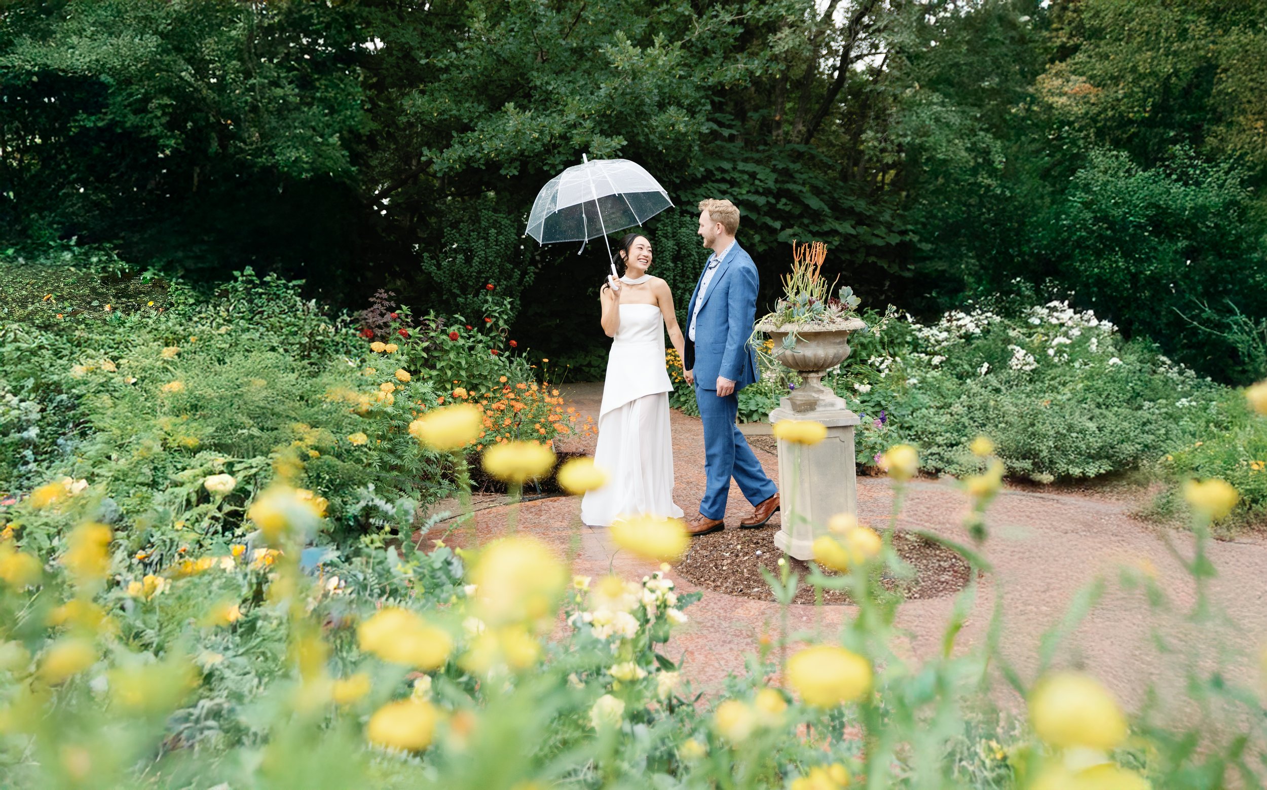 A couple holding hands and smiling under a clear umbrella in a lush garden filled with colorful flowers.