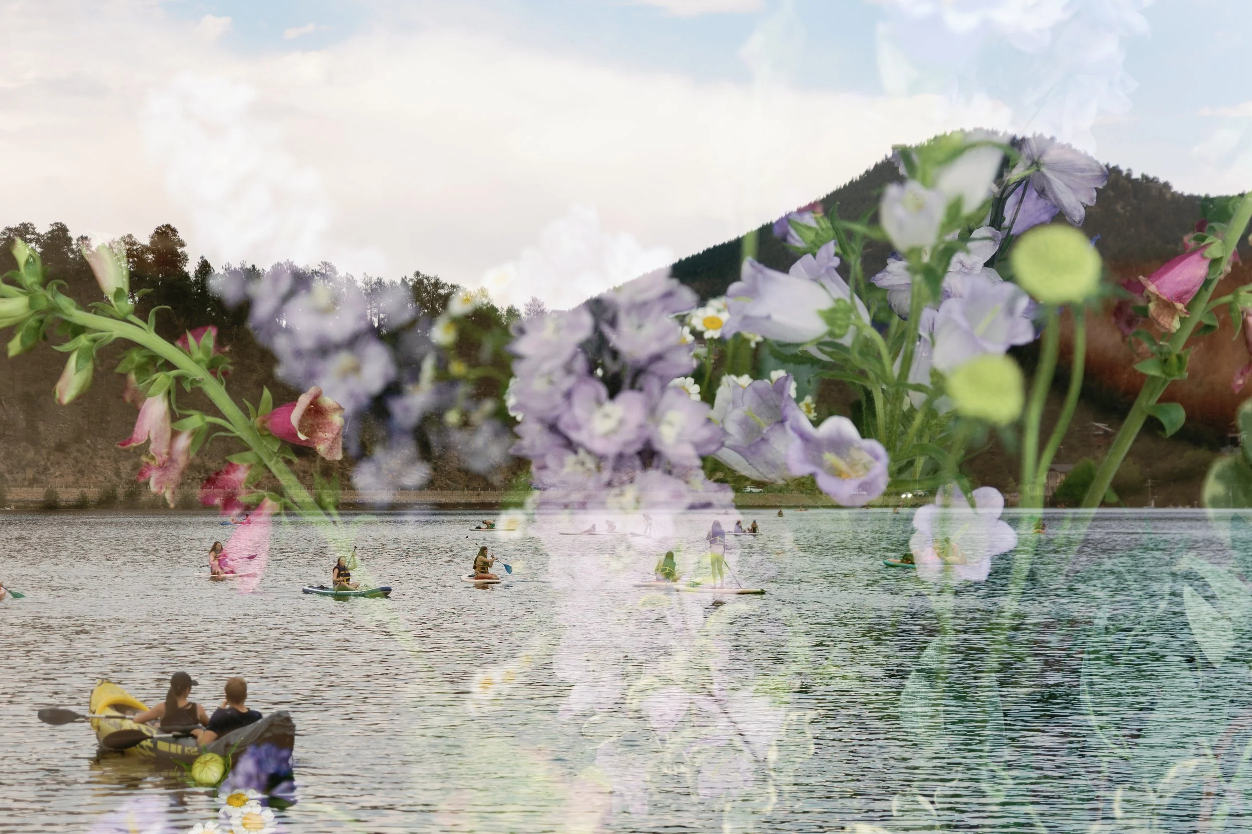 People paddleboarding and kayaking on a lake with mountains and trees in the background, overlaid with purple and pink flowers.