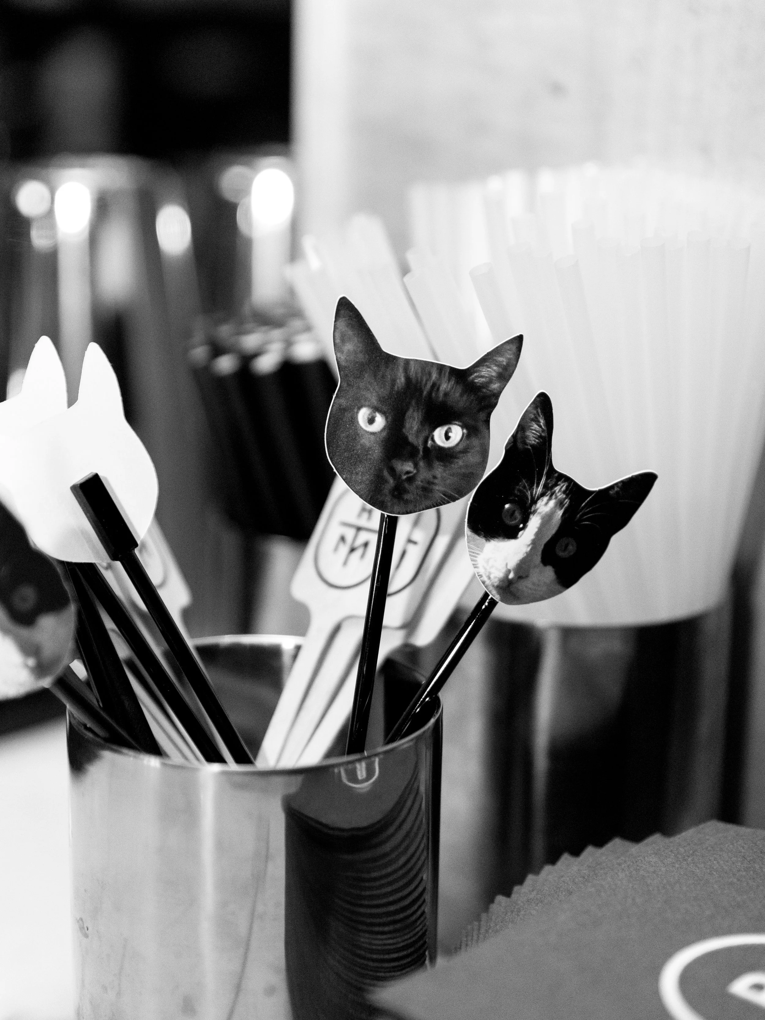 Pen holders with photos of cats attached to some pens, in a cup on a desk with some paper and other office supplies.
