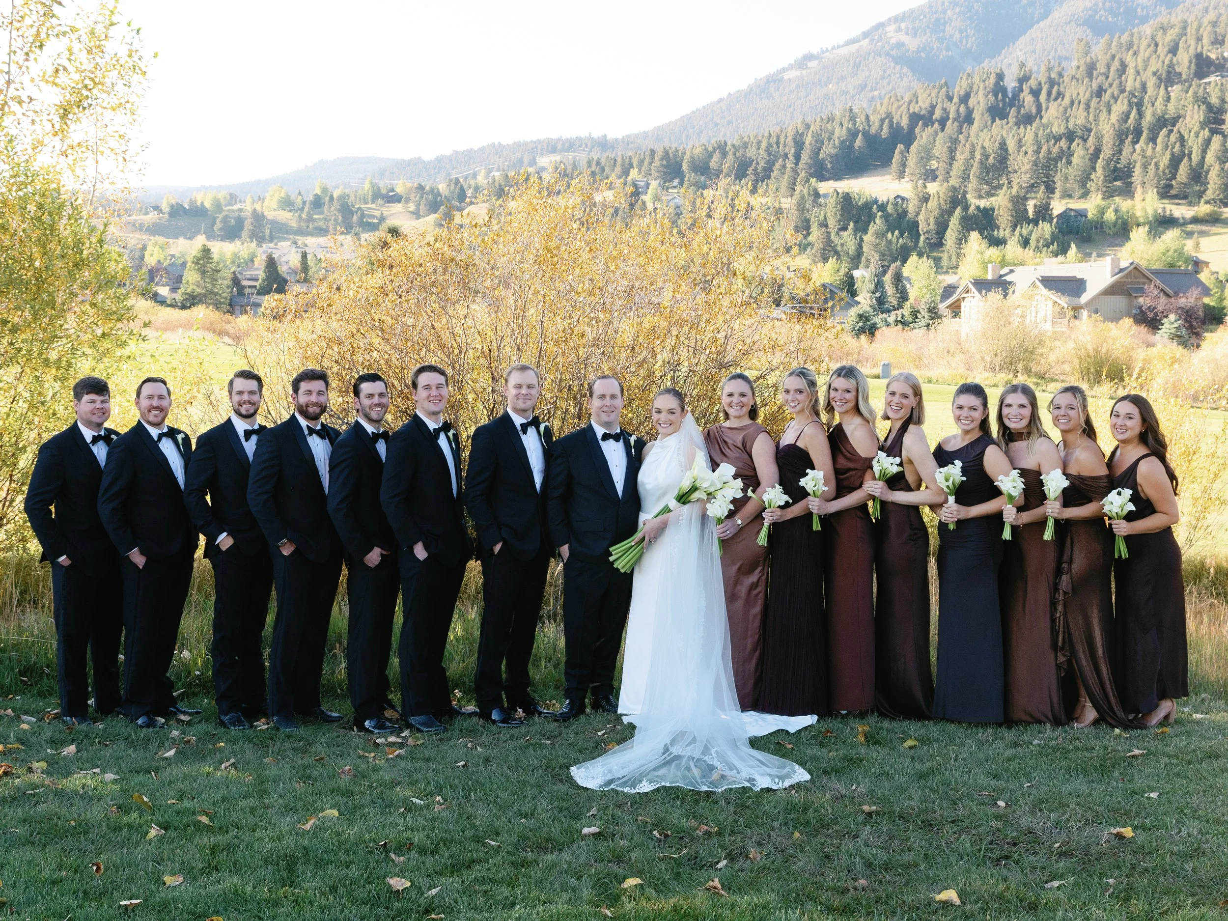 Group of wedding party, including the bride, groom, bridesmaids, and groomsmen, standing outdoors in a scenic landscape with mountains and trees in the background.