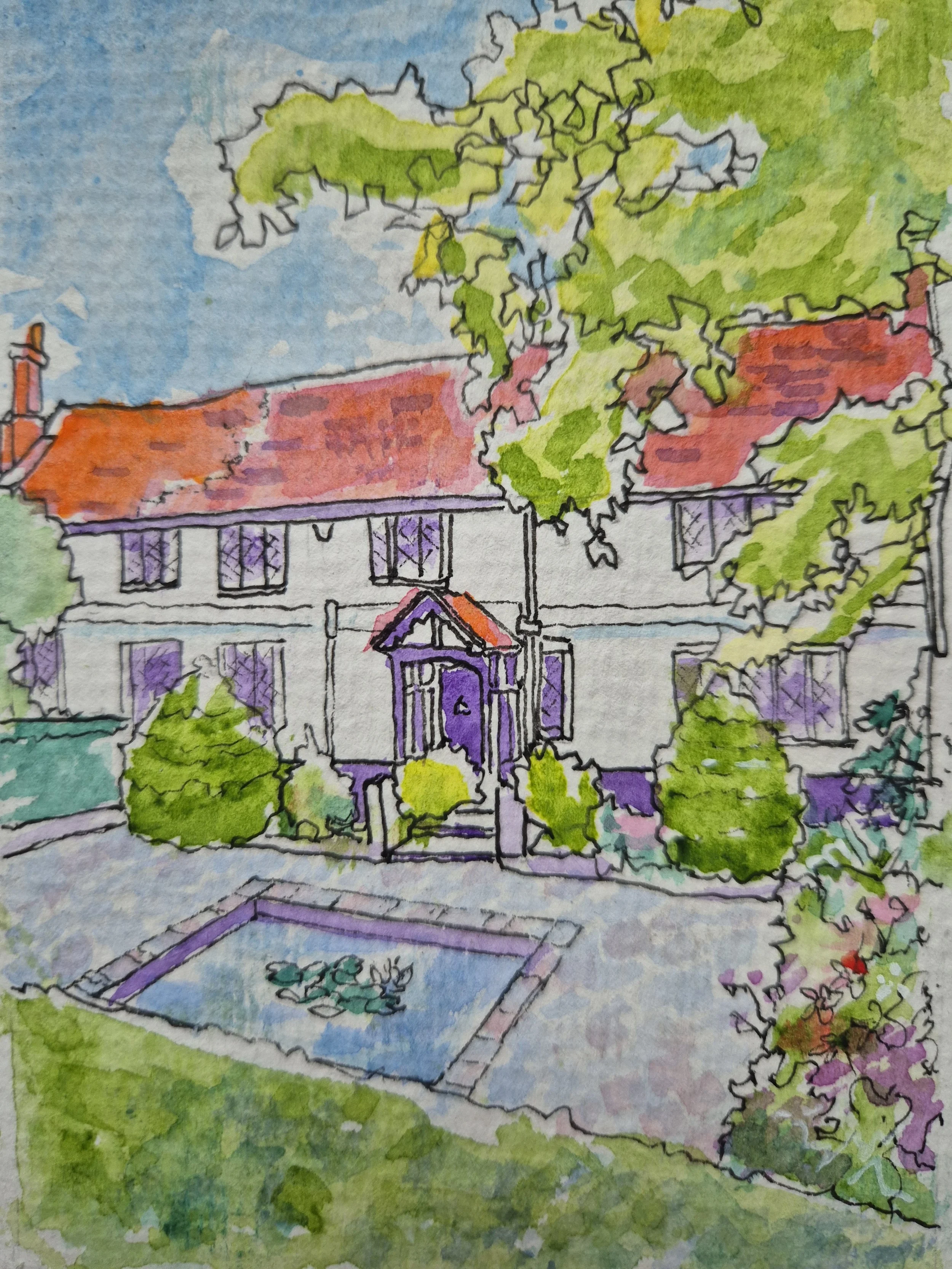 A colorful watercolour illustration of a house with a red roof, a porch, purple window frames, surrounded by green trees and plants, with a walkway leading to the front door.