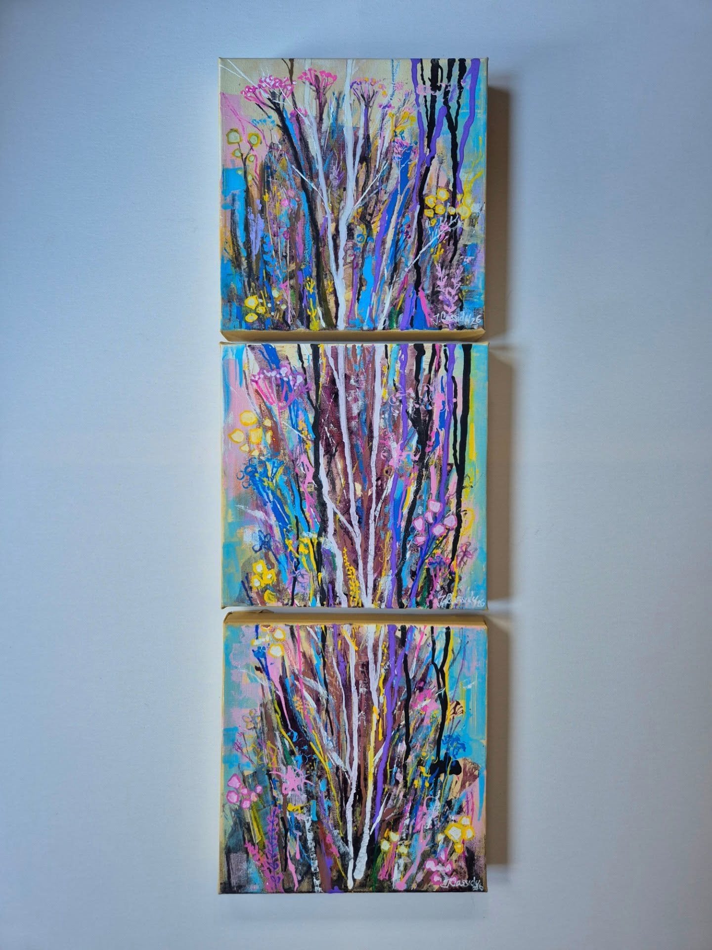 "Birch Blossom" Triptych (2026)
Three 20 x 20cm boxed canvases
Acrylic, inks, and oil pastel on canvas 

Swipe for video and details >>>

"Birch Blossom I, II + III"
Inspired by spring and a favourite birch tree in my gar