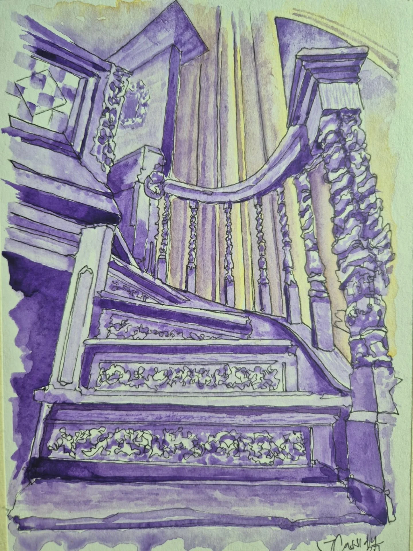 Minster Interior 3: "Purple Pulpit" 15 x 19.5cm
Pen and watercolour on paper (2026)

The second to last of my Minster series - highlighting the carpentry of @ipswichminster's wooden pulpit. 

Purple because...I like purple.

Only one left t