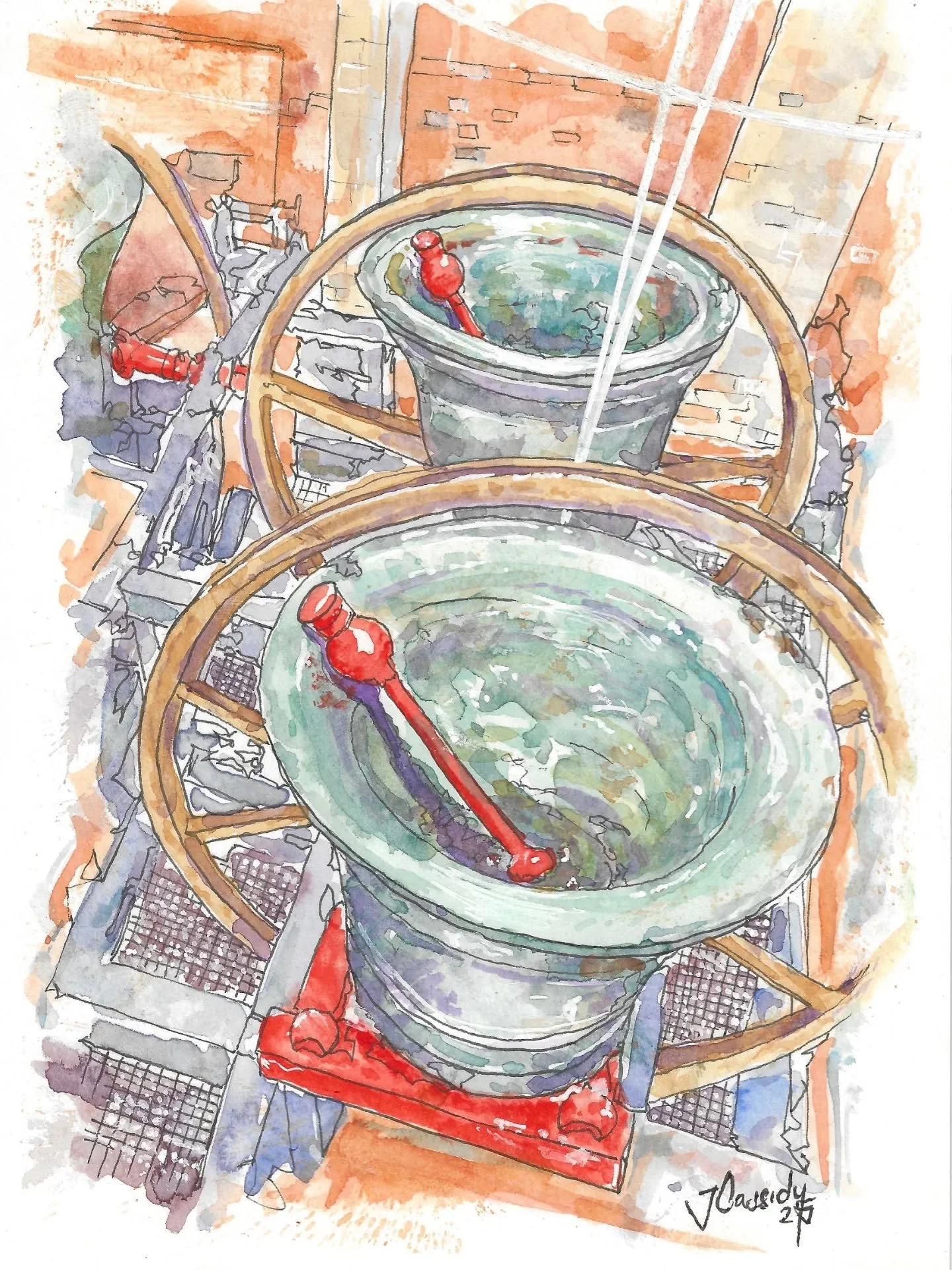 Minster Interior 6: "Ring Leaders" 15 x 19.5cm
Pen and watercolour on paper (2025)

And that's that! The LAST of my Minster commission series ✨️ "Ring Leaders" - a tribute to the towering bells hidden high within @ipswichminster, 