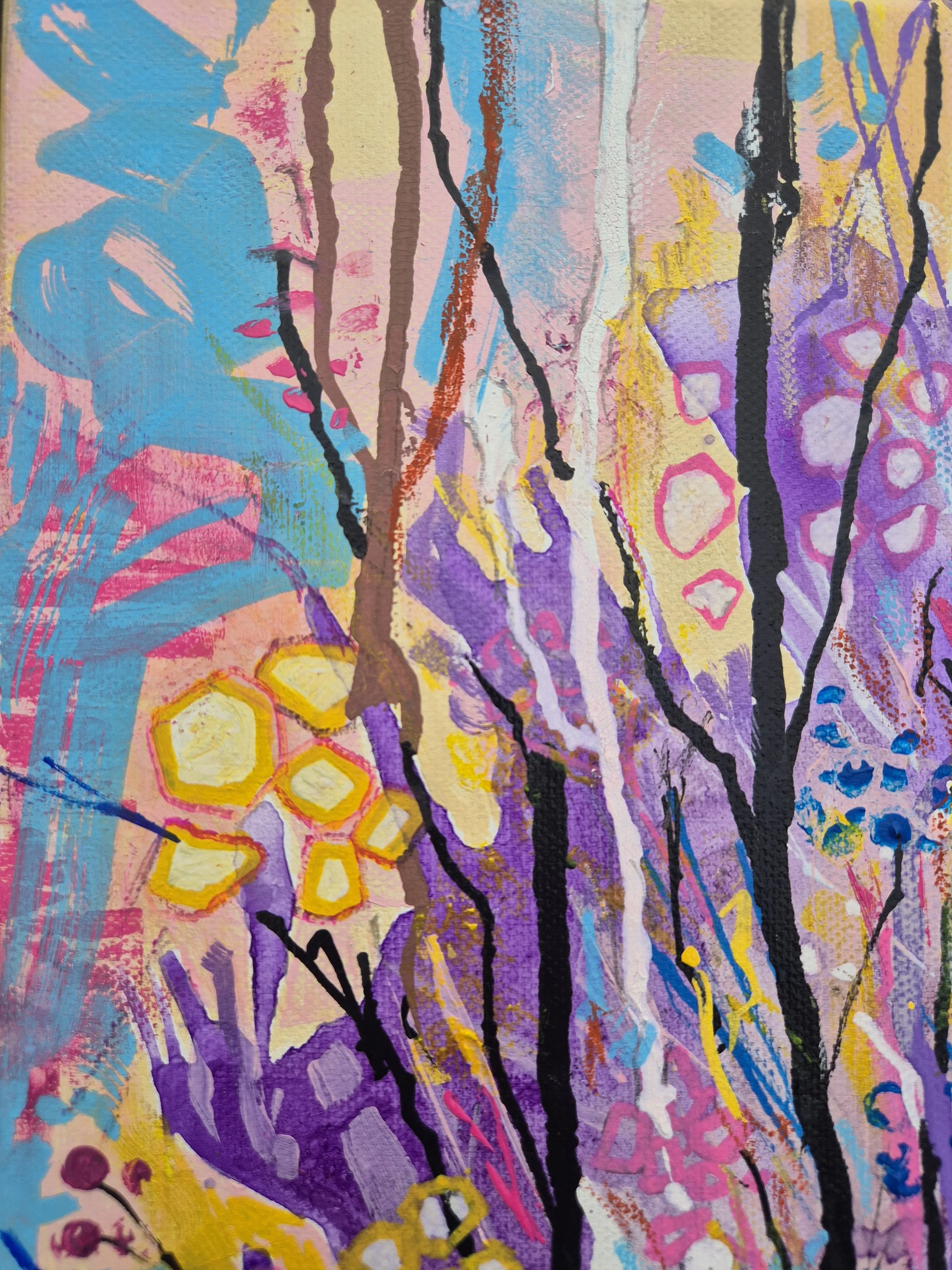 Abstract colourful painting with splashes of pink, yellow, purple, blue, black lines, and various shapes.