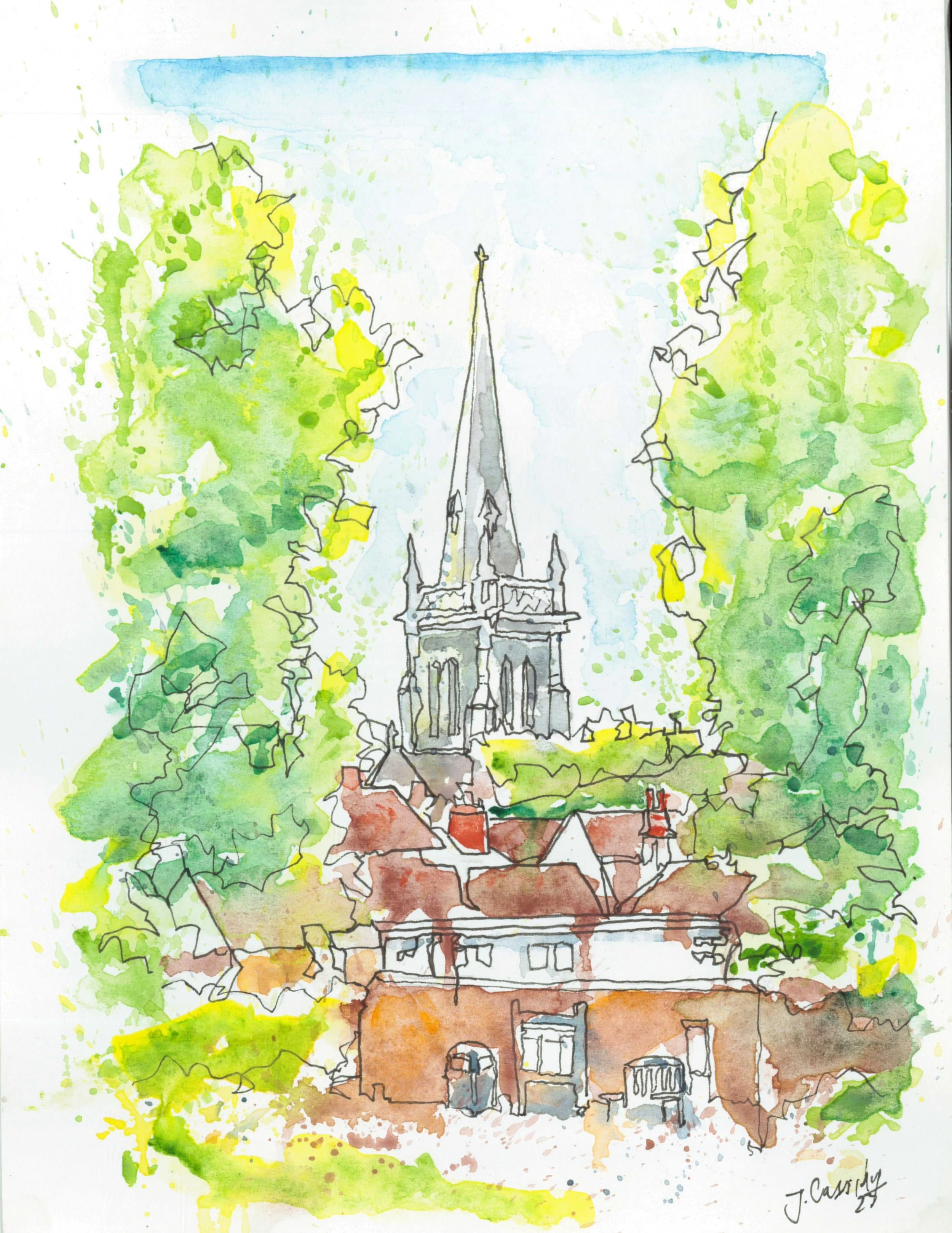 A watercolour painting of Ipswich Minster church steeple and surrounding buildings with trees, signed by J. Cassidy.