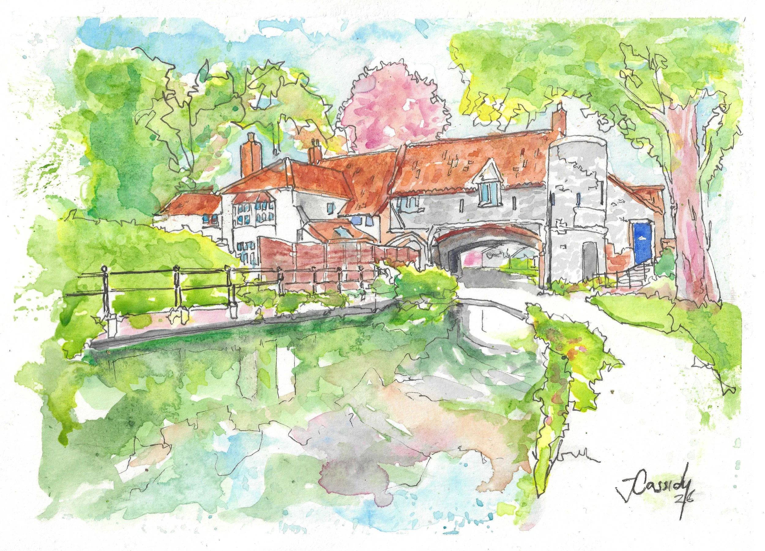 A watercolour painting of houses with red roofs surrounded by lush green trees and a clear blue sky. Pull's Ferry, Norwich.