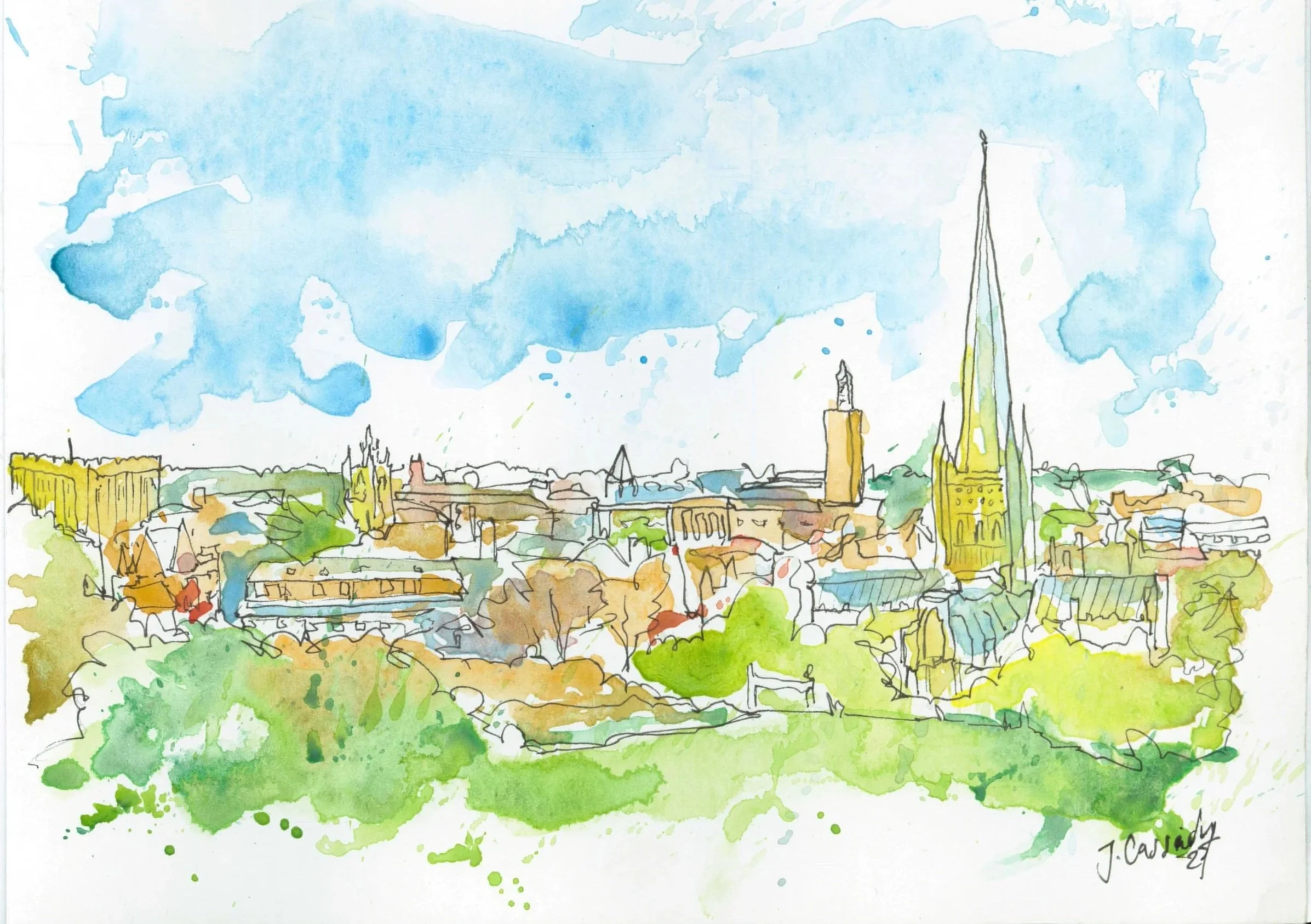 Watercolour painting of a city skyline with prominent buildings, a river, and trees in the foreground, under a blue sky.