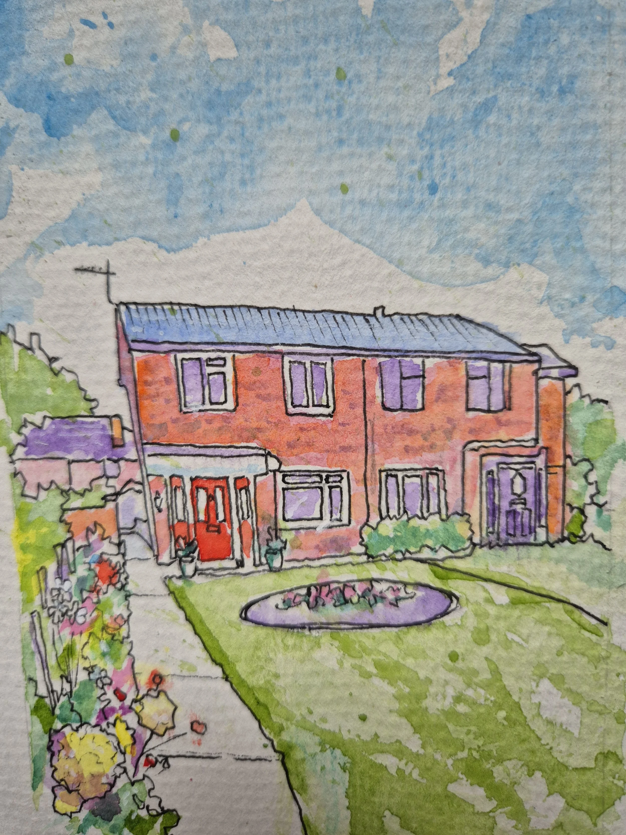 A colourful watercolour drawing of a two-story house with a blue roof, pink walls, multiple windows, surrounded by greenery, trees, flowers, and a small border with a circular shape in the front yard, under a blue sky with some clouds.