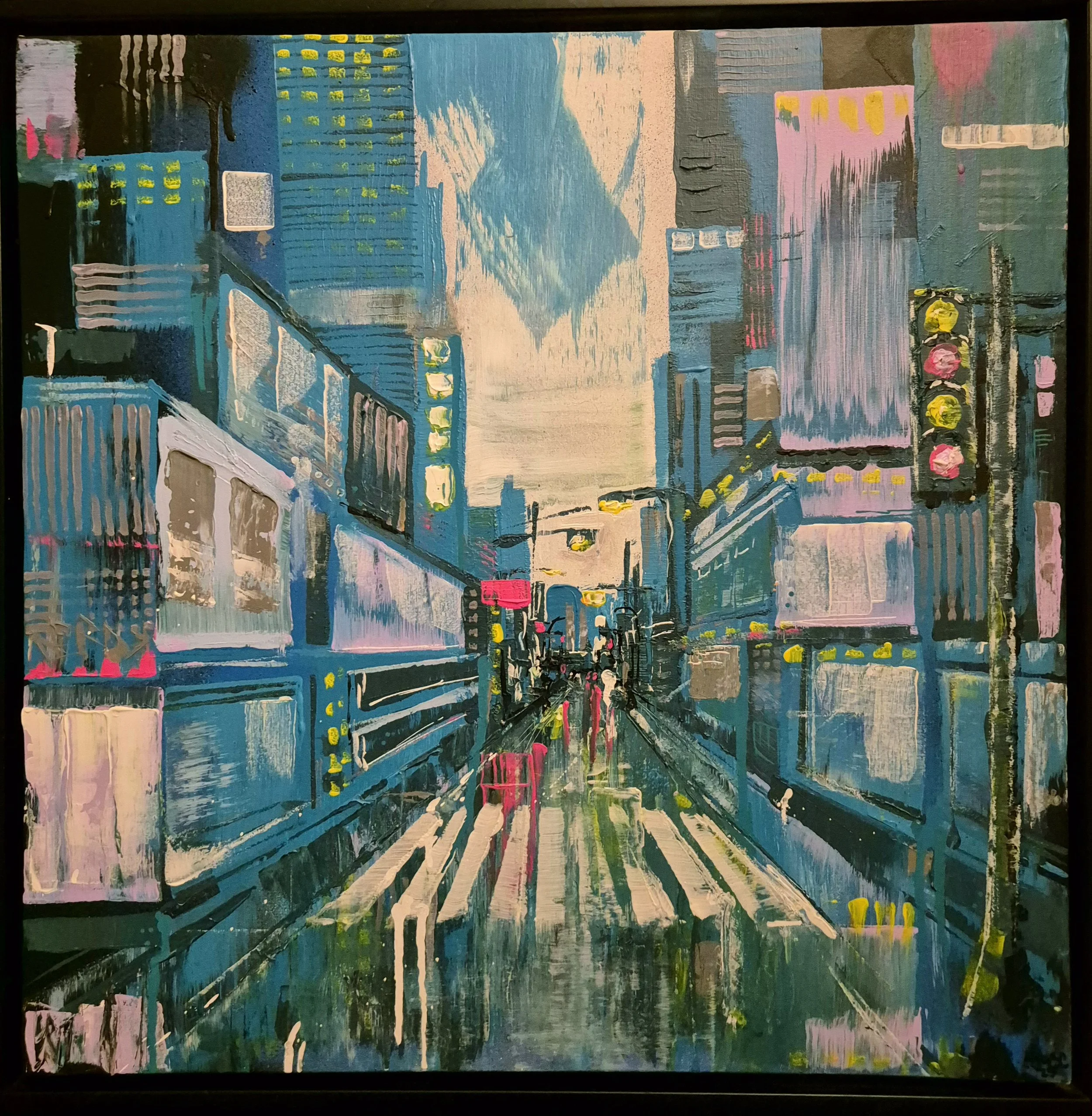 A cityscape painting featuring tall buildings, roads, and clouds in the background, with vibrant colours and abstract details.