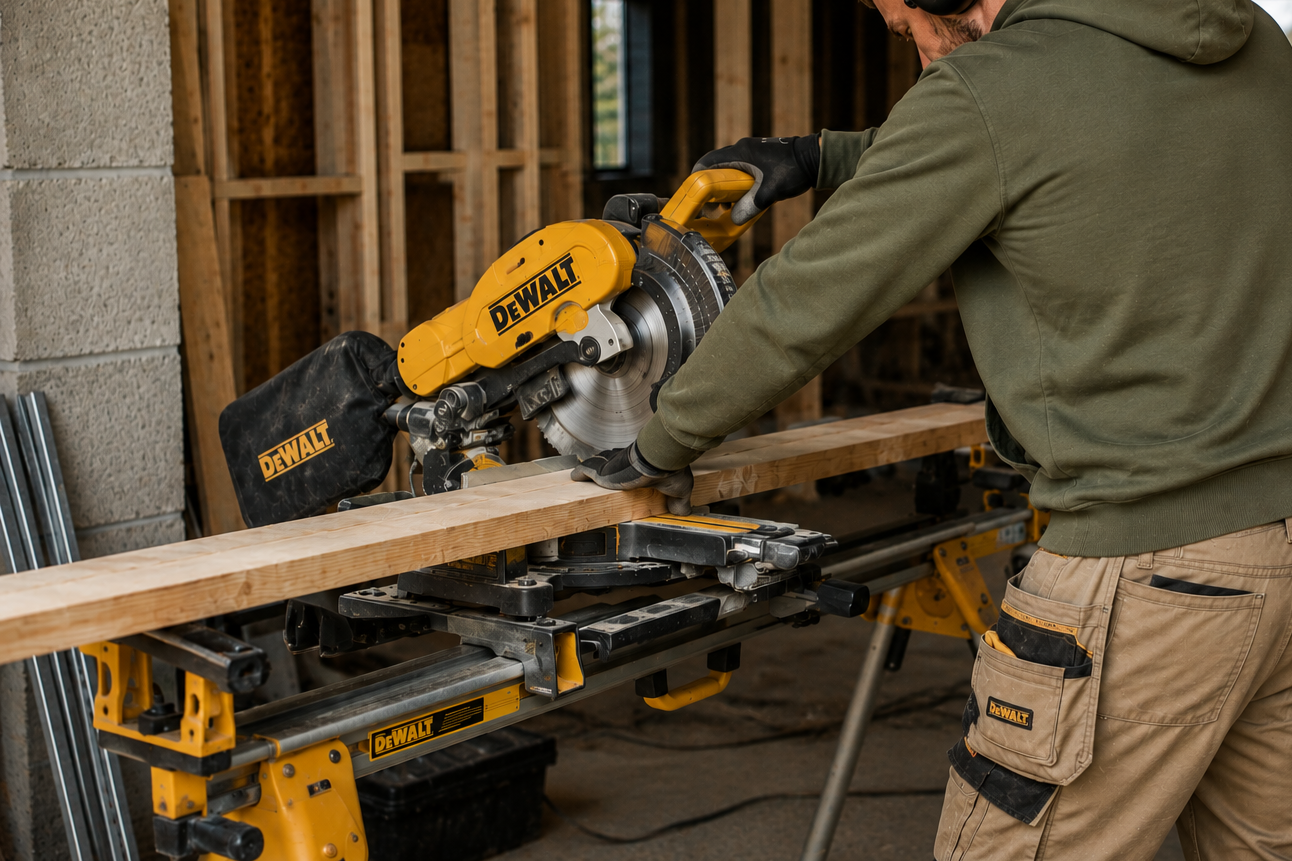 Carpentry and general building work in progress, cutting timber on site with a mitre saw