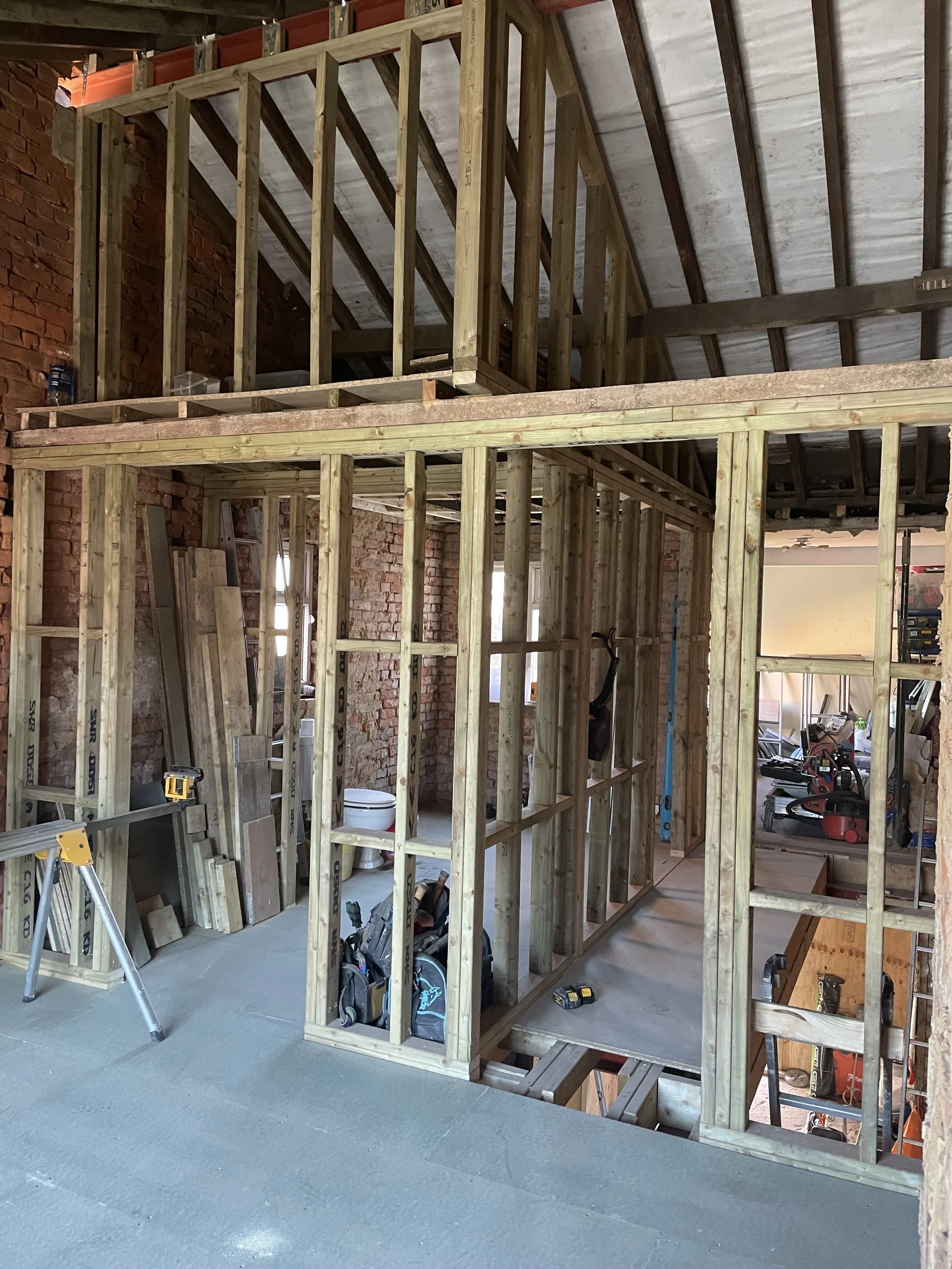 Vaulted ceiling construction with new ridge steel, purlin and structural timber work