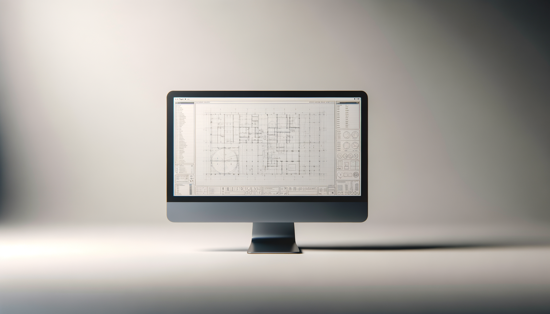 A computer monitor displaying a detailed architectural blueprint or technical drawing.