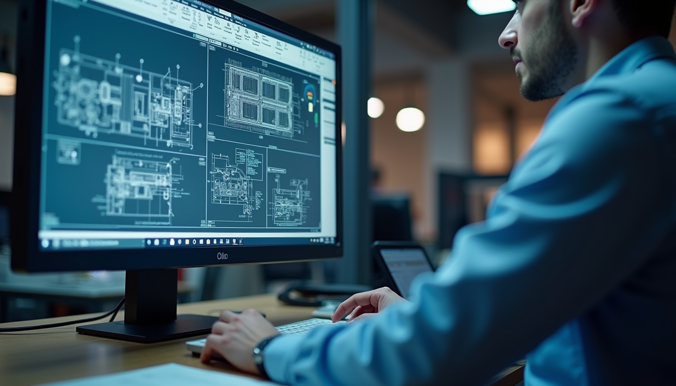 Man working on architectural blueprints on a computer monitor in an office.