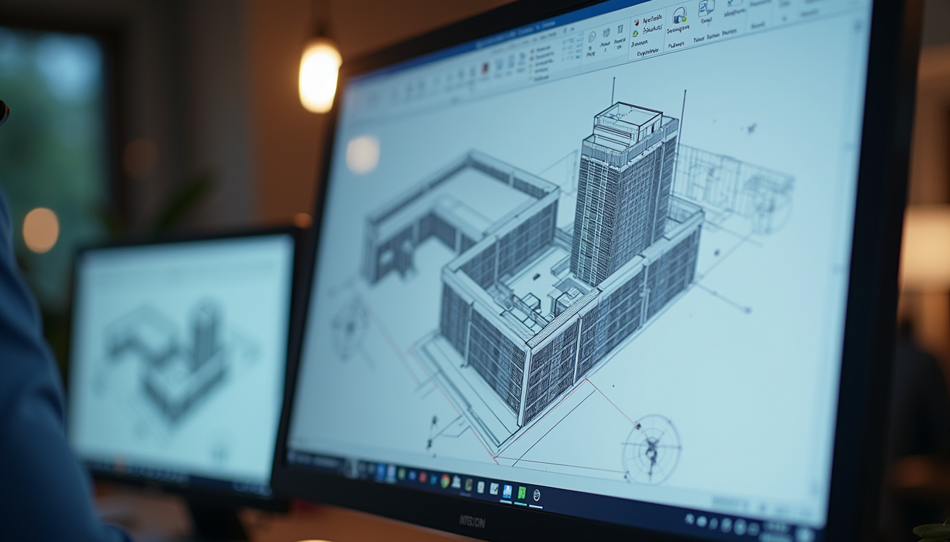 Computer screen displaying a floor plan and 3D wireframe model of a building, likely for architectural planning.
