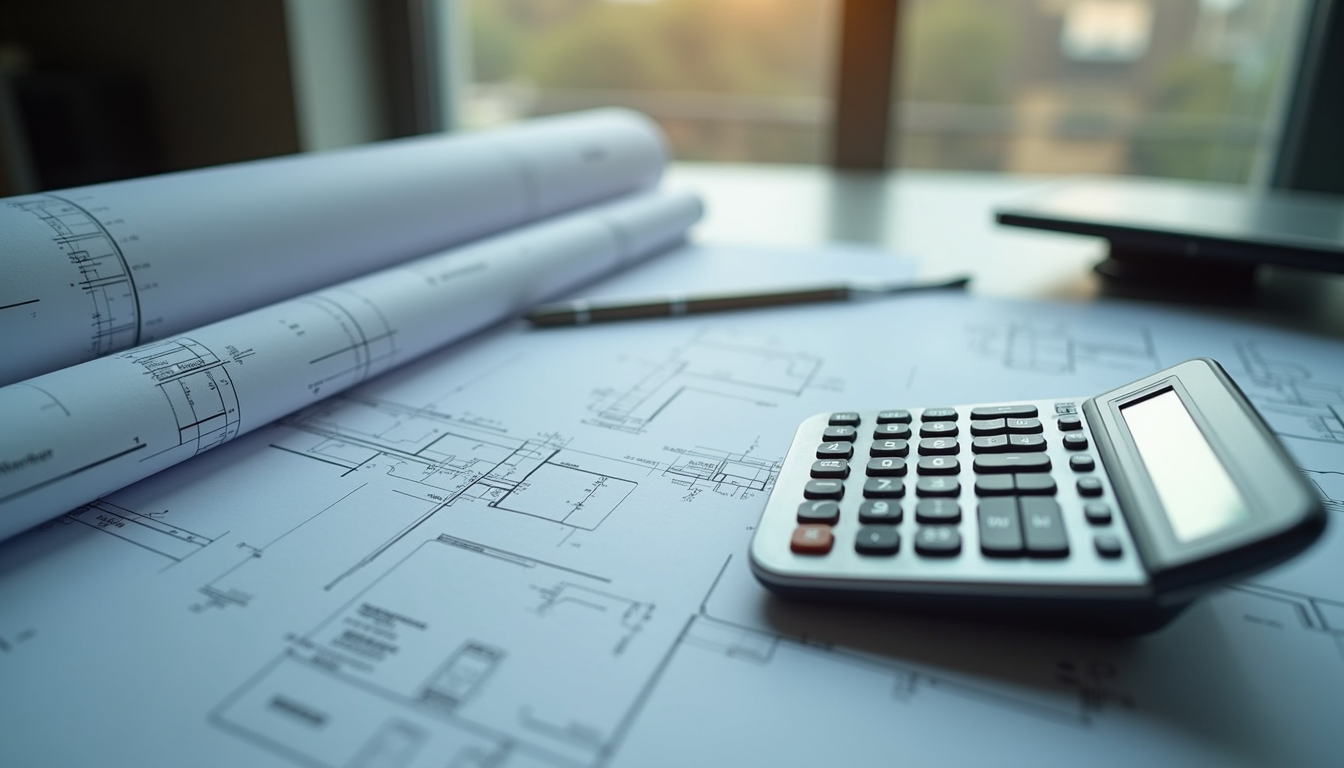 Architectural blueprints, a calculator, and a pen on a desk near a window.