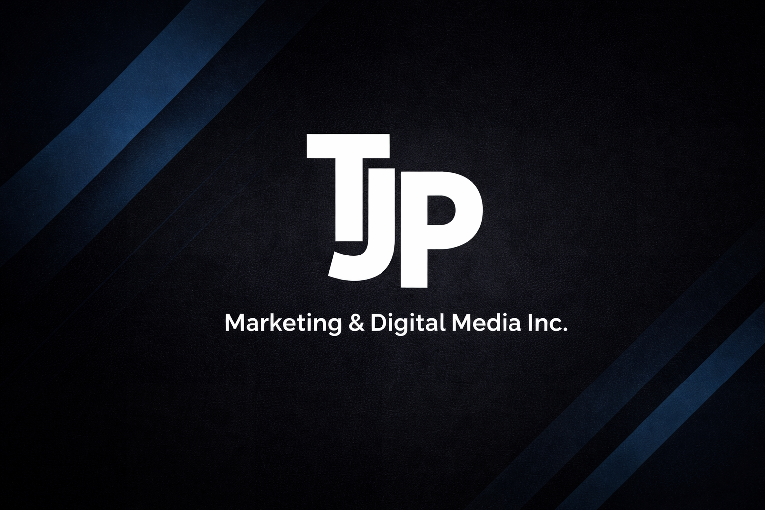 Black background with blue diagonal lines, displaying large white initials 'JP' and the text 'Marketing & Digital Media Inc.' below.