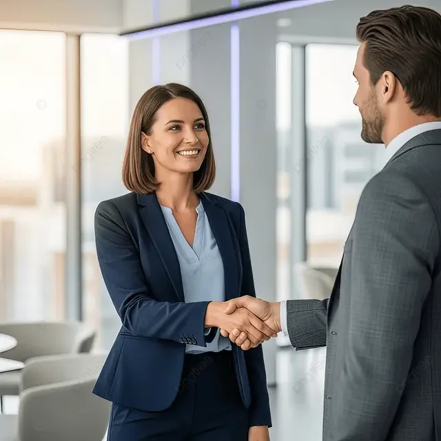 A woman and a man in business attire shaking hands in a modern office with large windows.