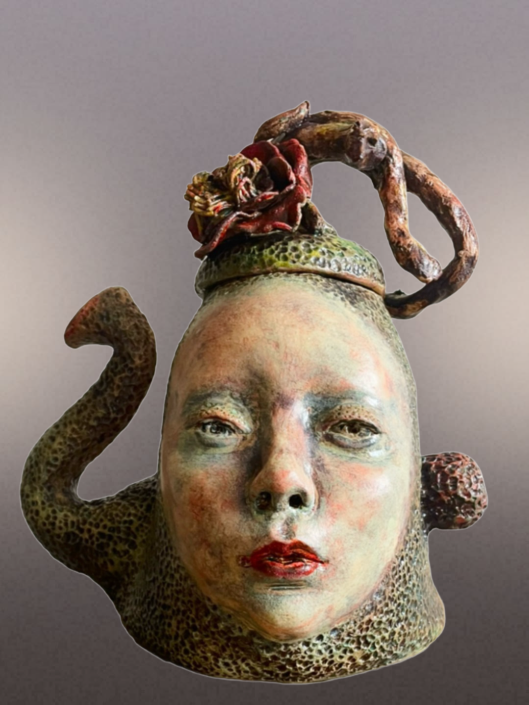 "Whispers from the Undergrowth" - forest spirit. H30 x W35 x D24 cm. Stone clay, glazes, underglazes, overglazes. Cone 10 (1280*C) oxidation. 2024, December