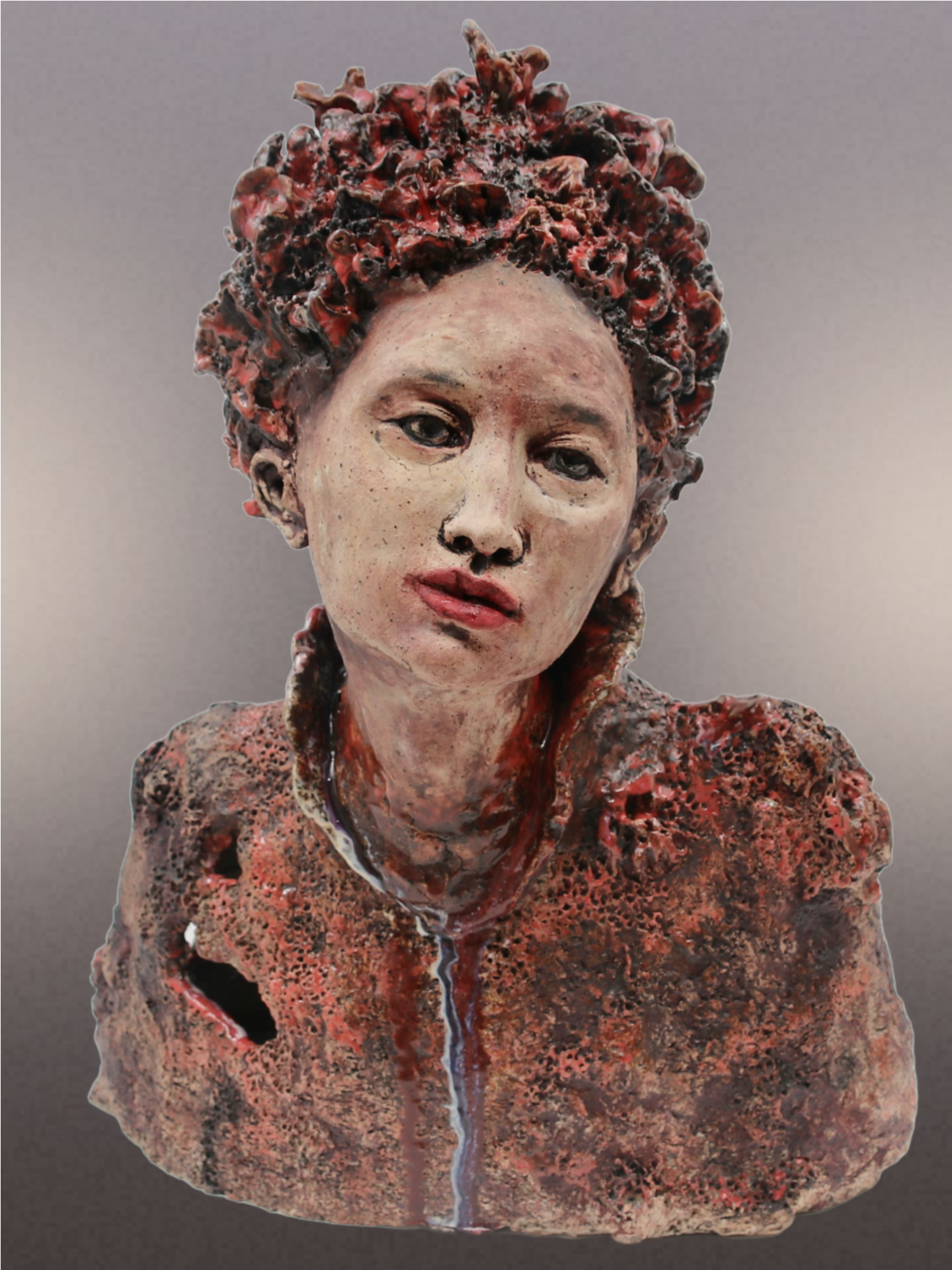 "Awakening of Marl". H x W cm. Mass about 17 kg. Ceramics. Stone clays, grog, magnesium oxide wash, glaze and stained glass inclusions. Cone 6 (1220), oxidation. August, 2026