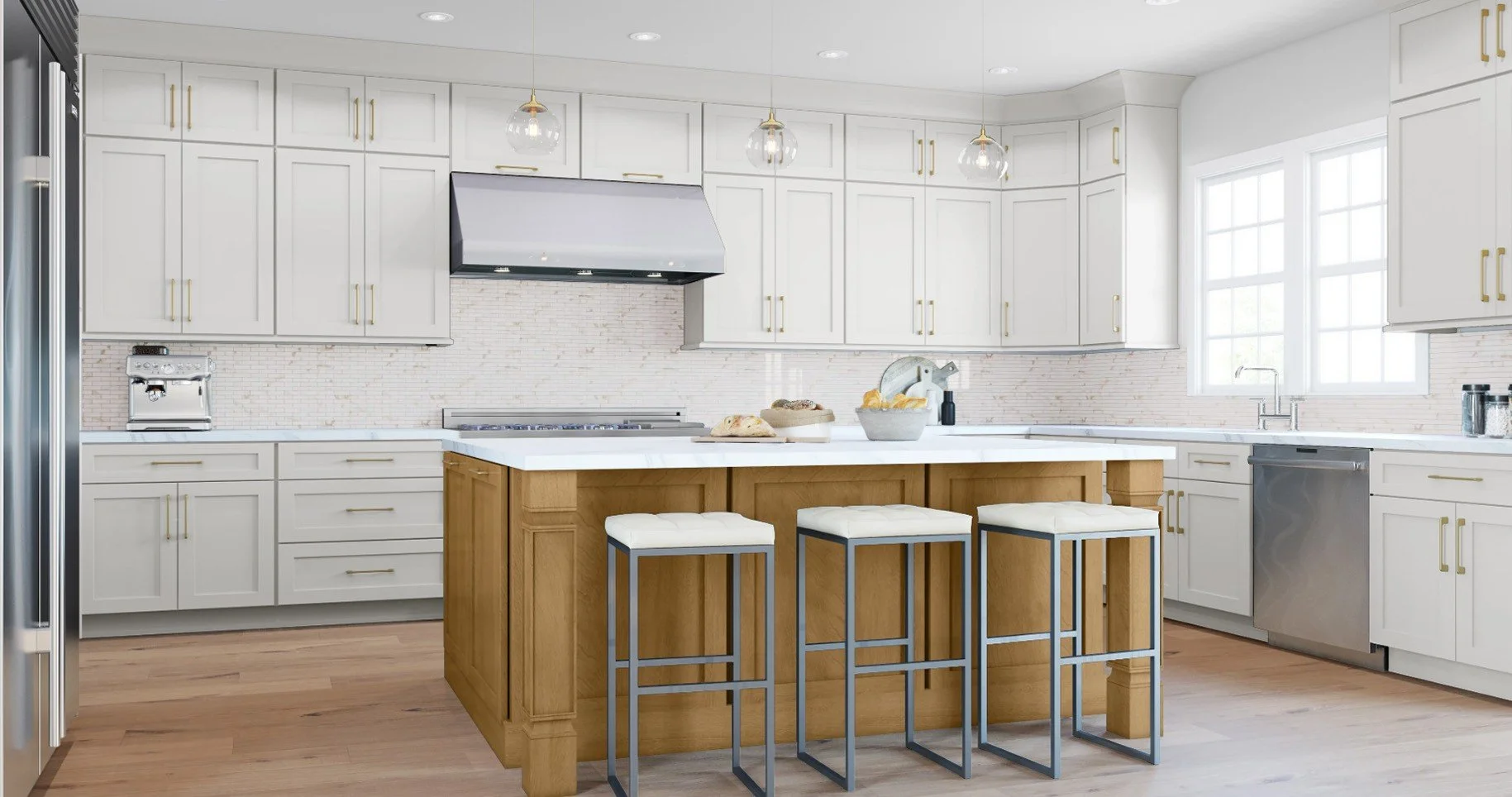 Modern kitchen with white cabinets, a central island with a wood finish and three white stools, a marble countertop, a stainless steel dishwasher, and a window above the sink, with pendant lights overhead.