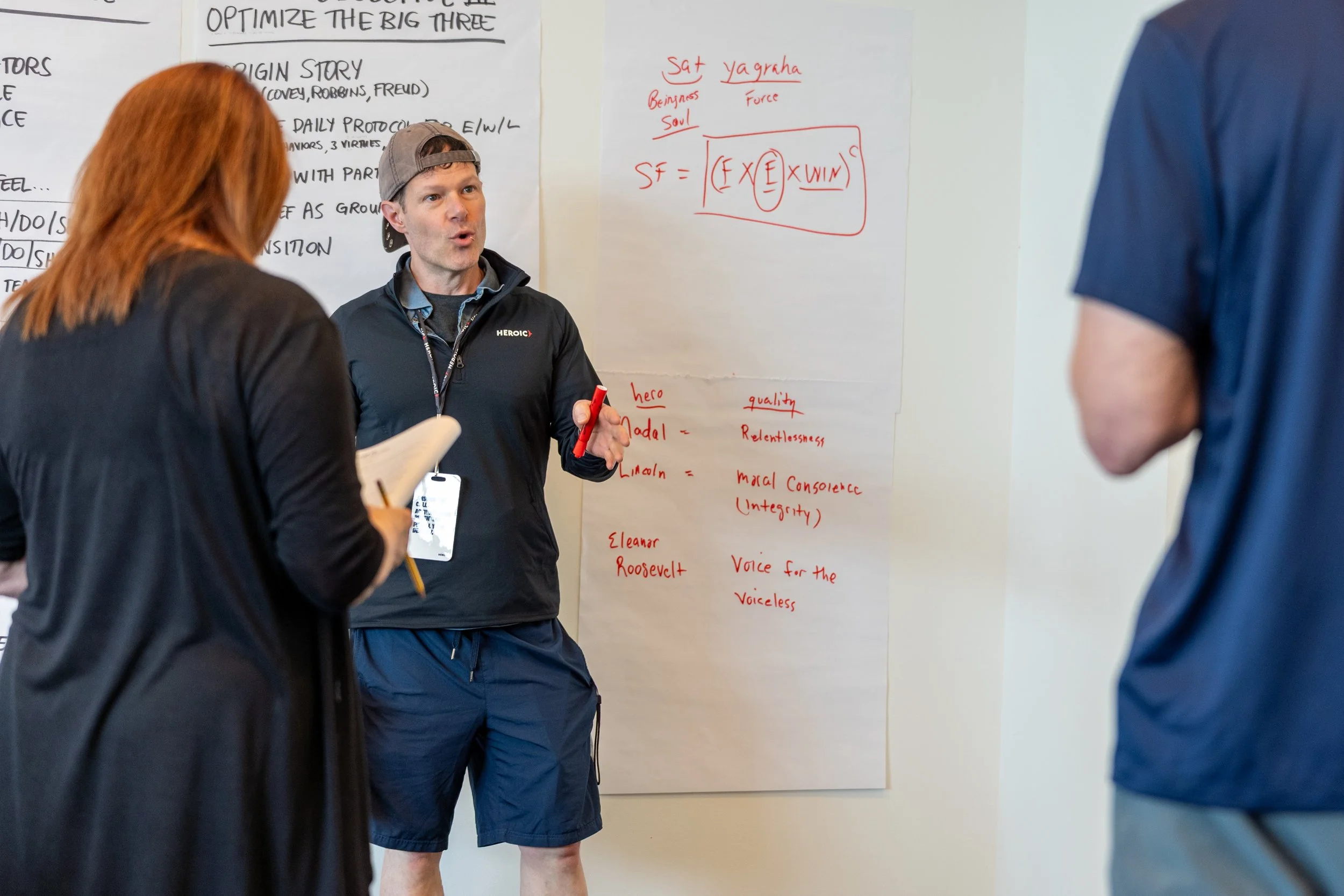A man wearing a gray cap and a black Heroic jacket is holding a red marker and speaking to two people, one with red hair and the other with a blue shirt, in front of a large whiteboard filled with handwritten notes and diagrams. The whiteboard contains text, including some words like 'Sat yagraha,' 'Force,' and a mathematical formula. The setting appears to be a classroom or workshop.