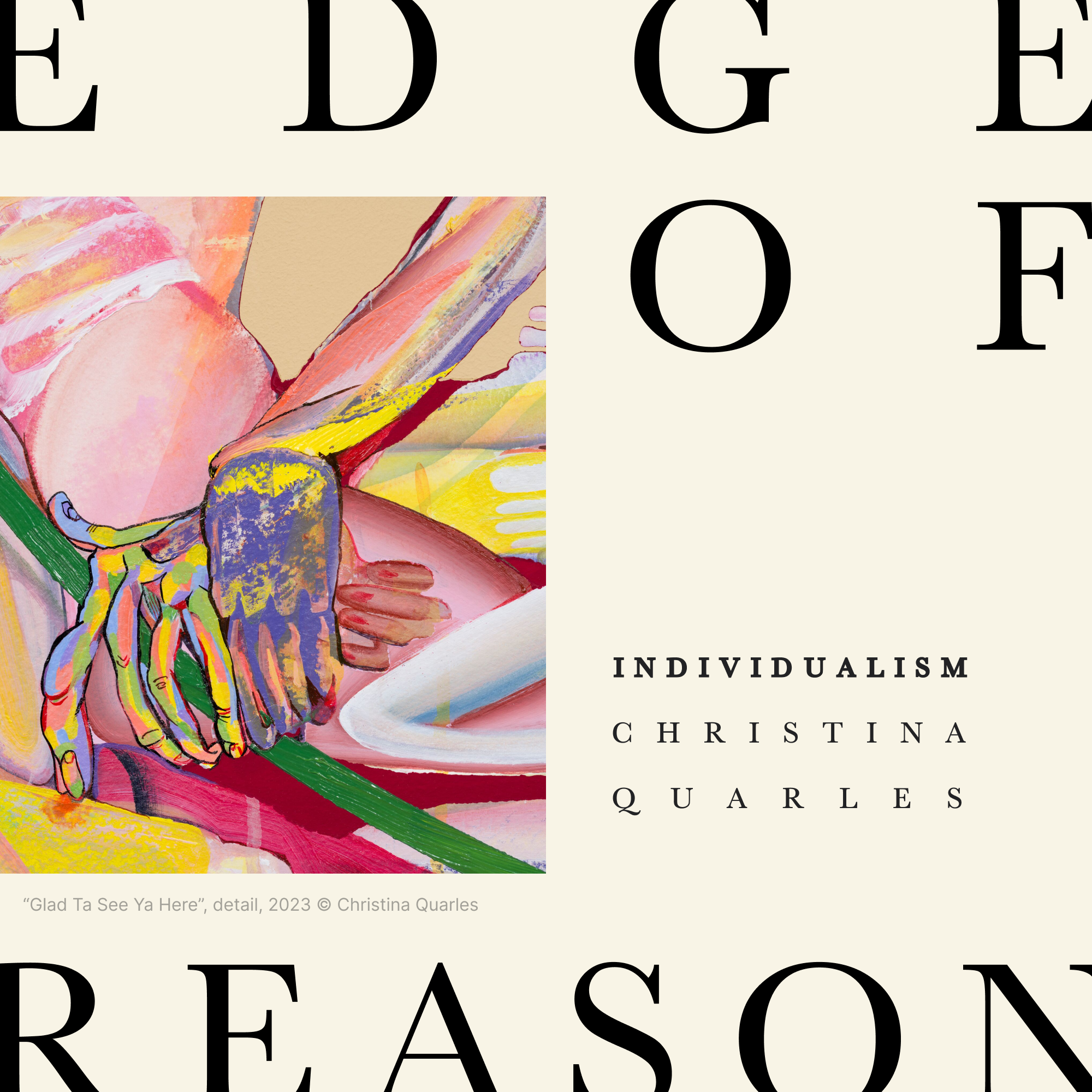 Book cover titled 'Individualism' by Christina Quarles. Features colorful abstract artwork of hands abstractedly intertwined.