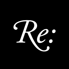 Close-up of a logo with the text 'Re:' in white cursive font on a black background