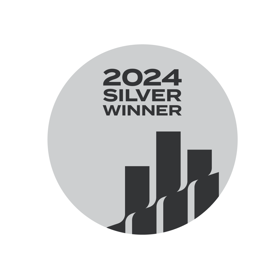 An award badge with a black background, a circular design, and a gray inner circle. The text reads '2024 Silver Winner' at the top and 'Signal Awards' around the bottom. The center features a bar chart with five bars of varying heights.