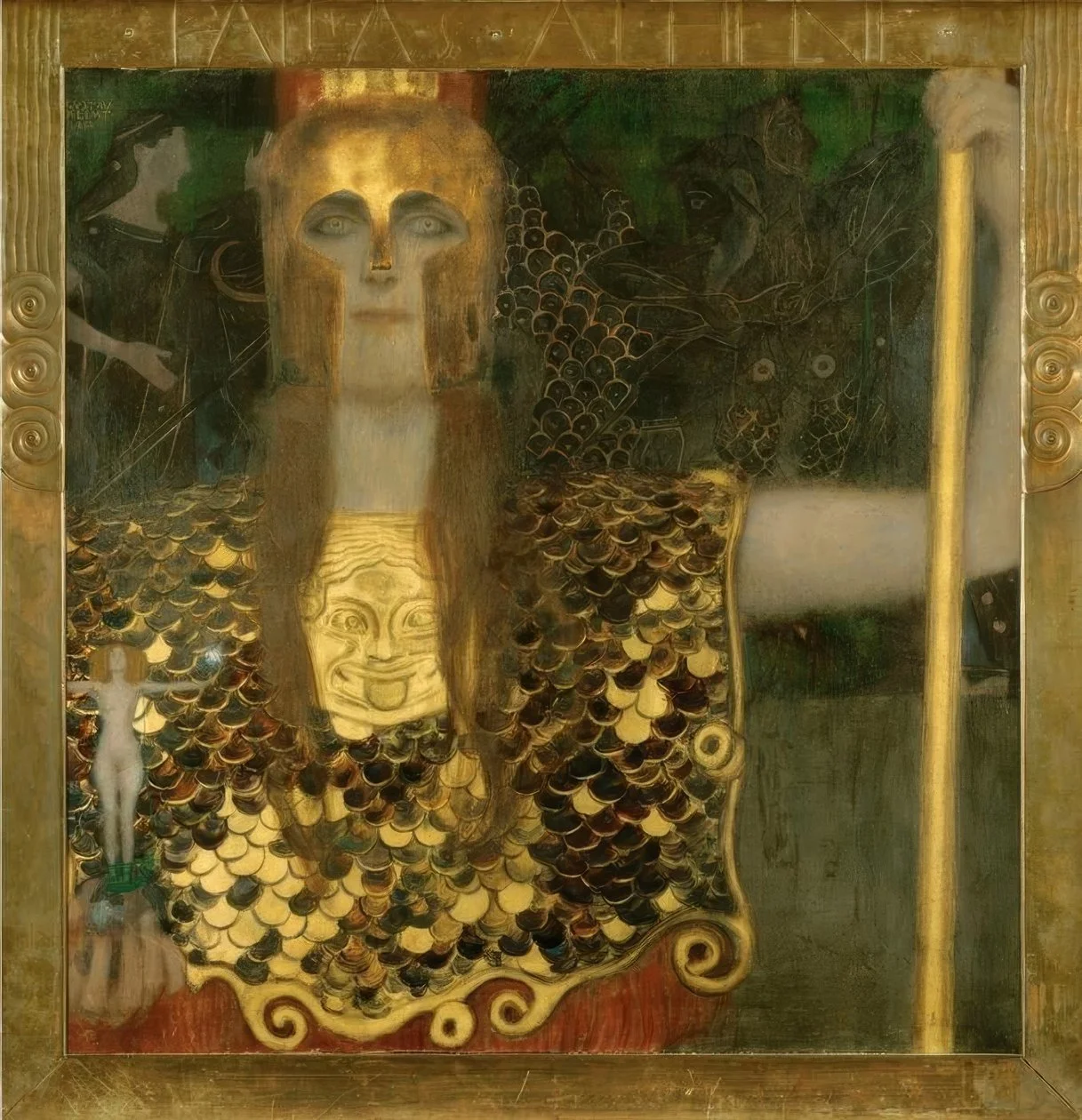A framed artwork featuring a surreal illustration of a large, elongated face with a golden hue, set against a dark, intricate background. There are elements resembling a smiling face, a miniature nude figure, and abstract patterns, all rendered in gold, black, and green tones.