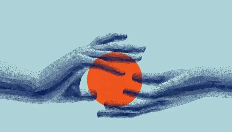 Two abstract hand illustrations with dotted textures, holding an orange sun or sphere between them against a light blue background.