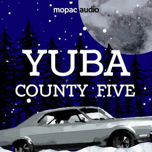Nighttime winter scene with pine trees, a full moon, falling snow, and a vintage car in Yuba County Five poster.