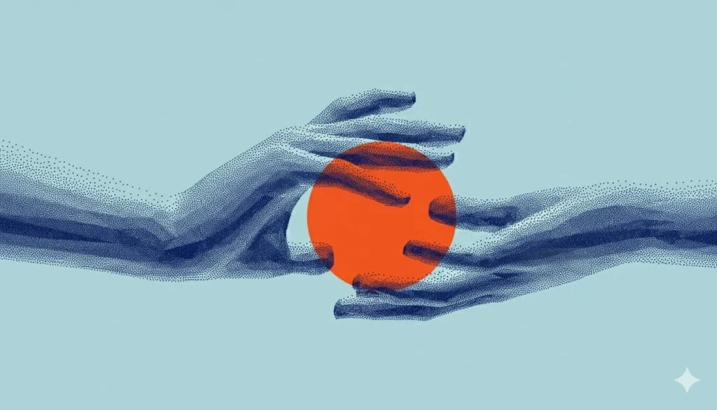 two blue transparent hands holding an orange circle
