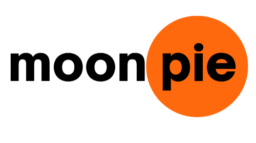 Logo with the words 'moon pie', where 'moon' is in white lowercase letters and 'pie' is in black lowercase letters inside an orange circle.