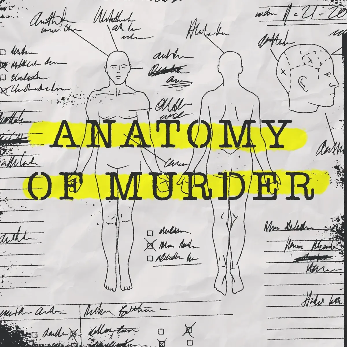 Illustration of a human body diagram with handwritten notes and sketches, with the bold text 'ANTOMY OF MURDER' highlighted in yellow across the center.