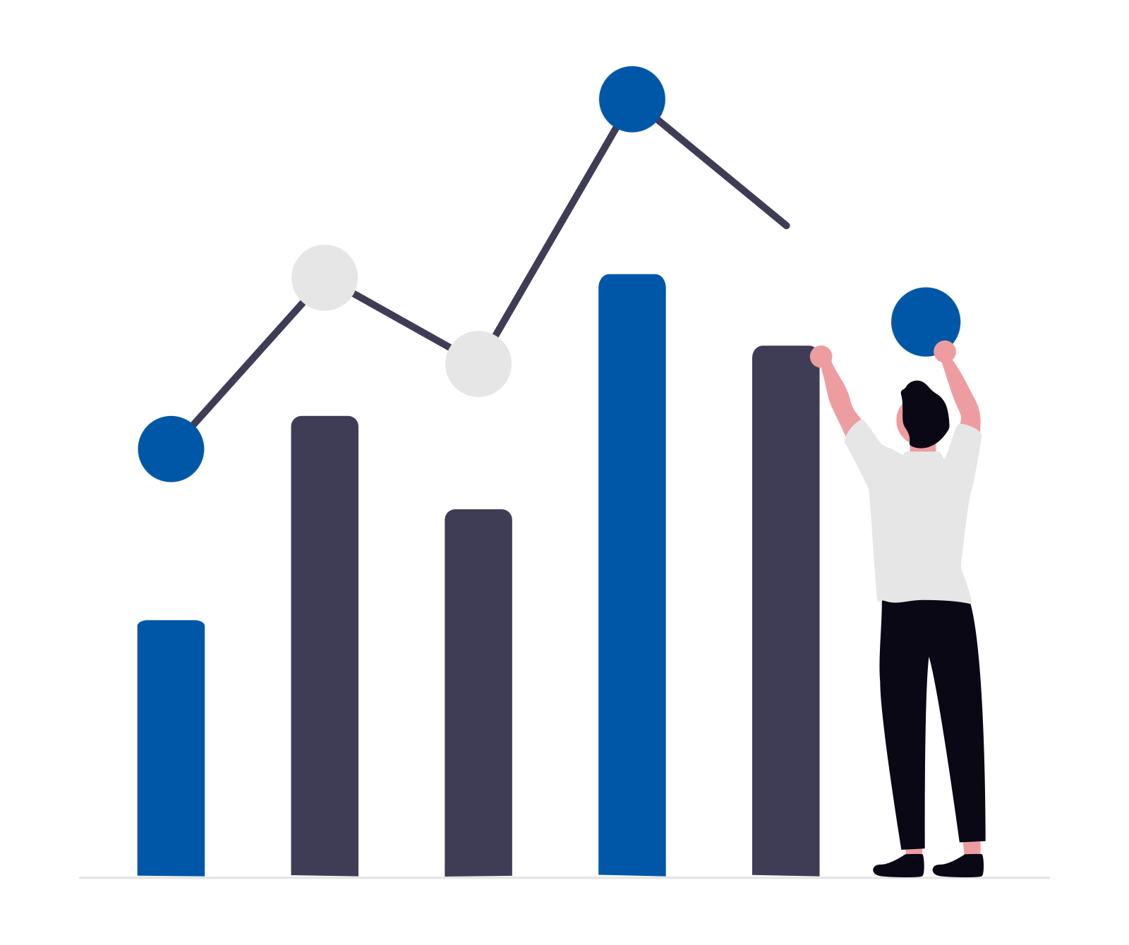 A person standing in front of a bar and line graph, holding a blue circle in each hand.