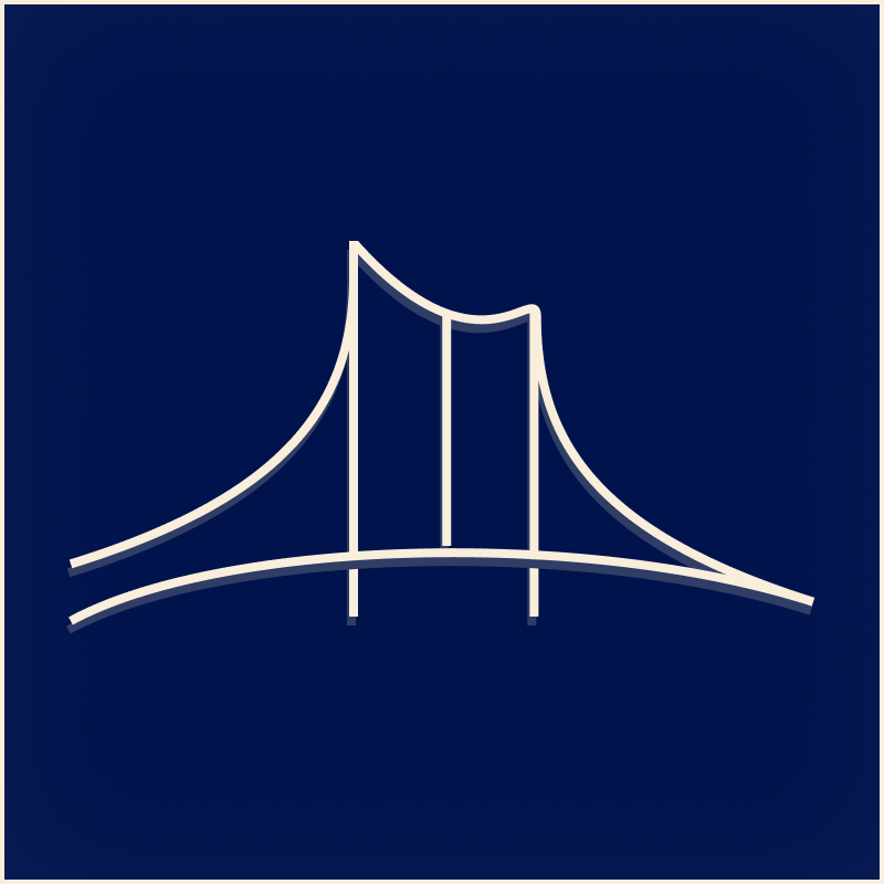 Simple white outline of a suspension bridge on a dark blue background.