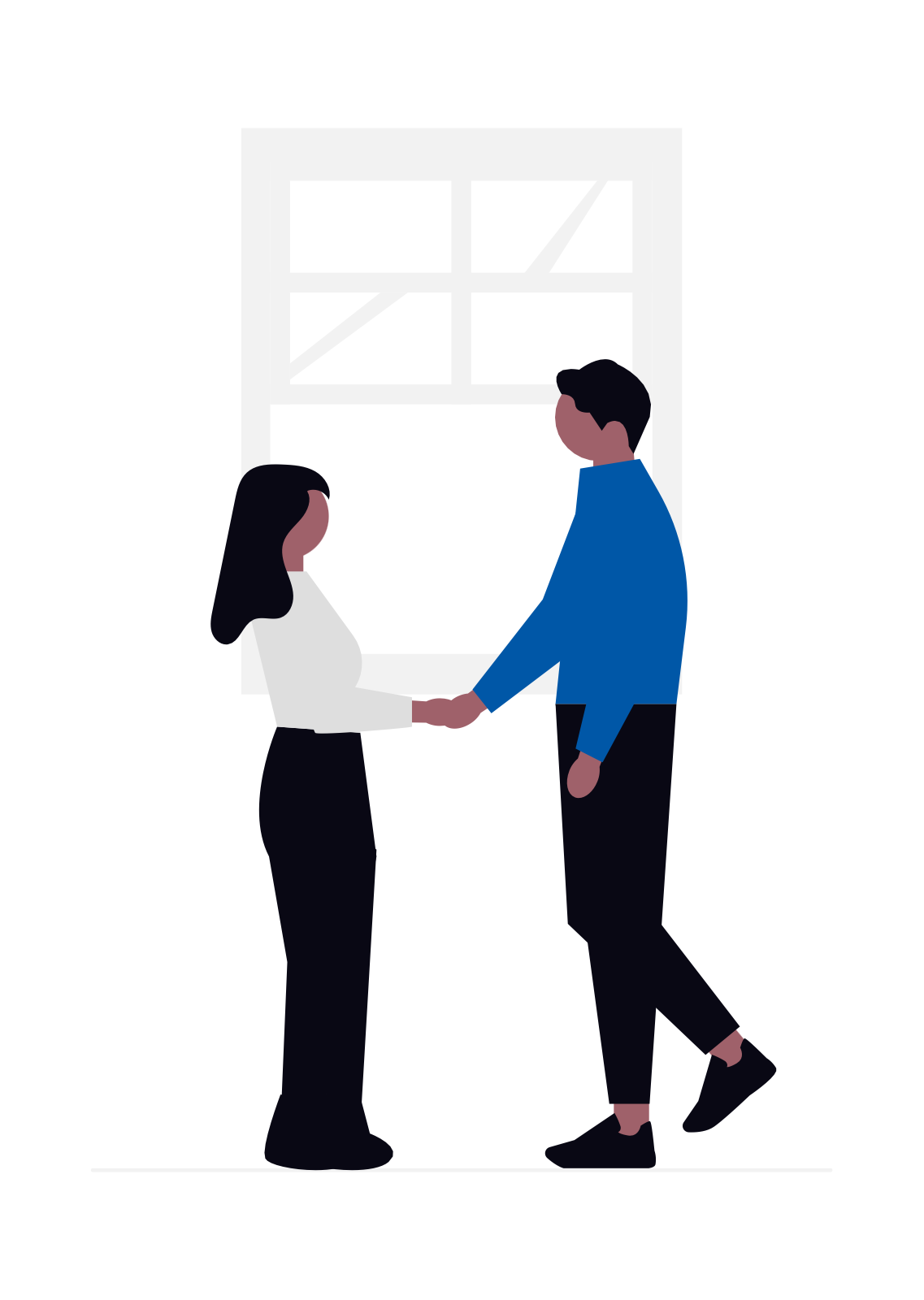 A digital illustration of a man and woman holding hands, standing indoors near a large window.
