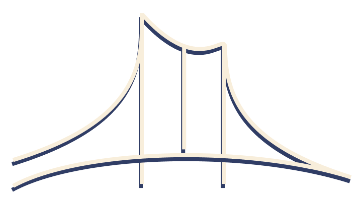 Line drawing of a suspension bridge with towers and a curved deck.
