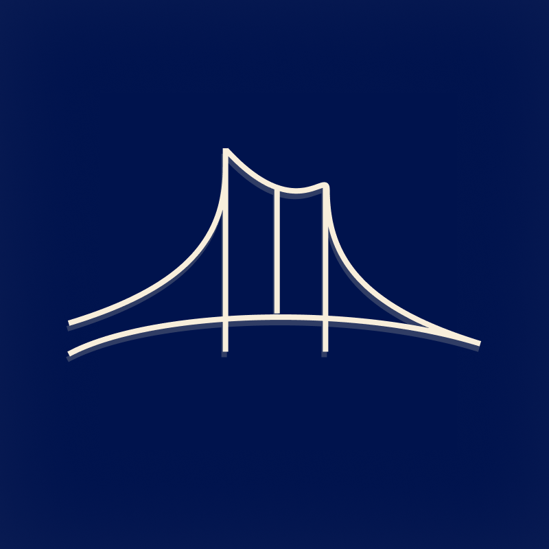 A simple white line drawing of a suspension bridge on a dark blue background.