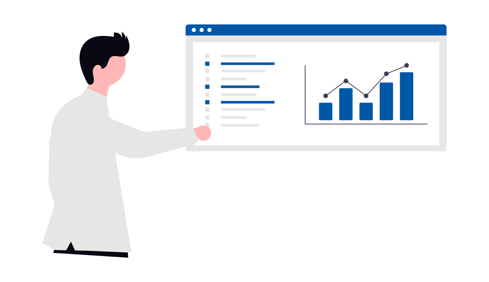 Illustration of a person presenting a digital graph with bar and line charts on a large screen.