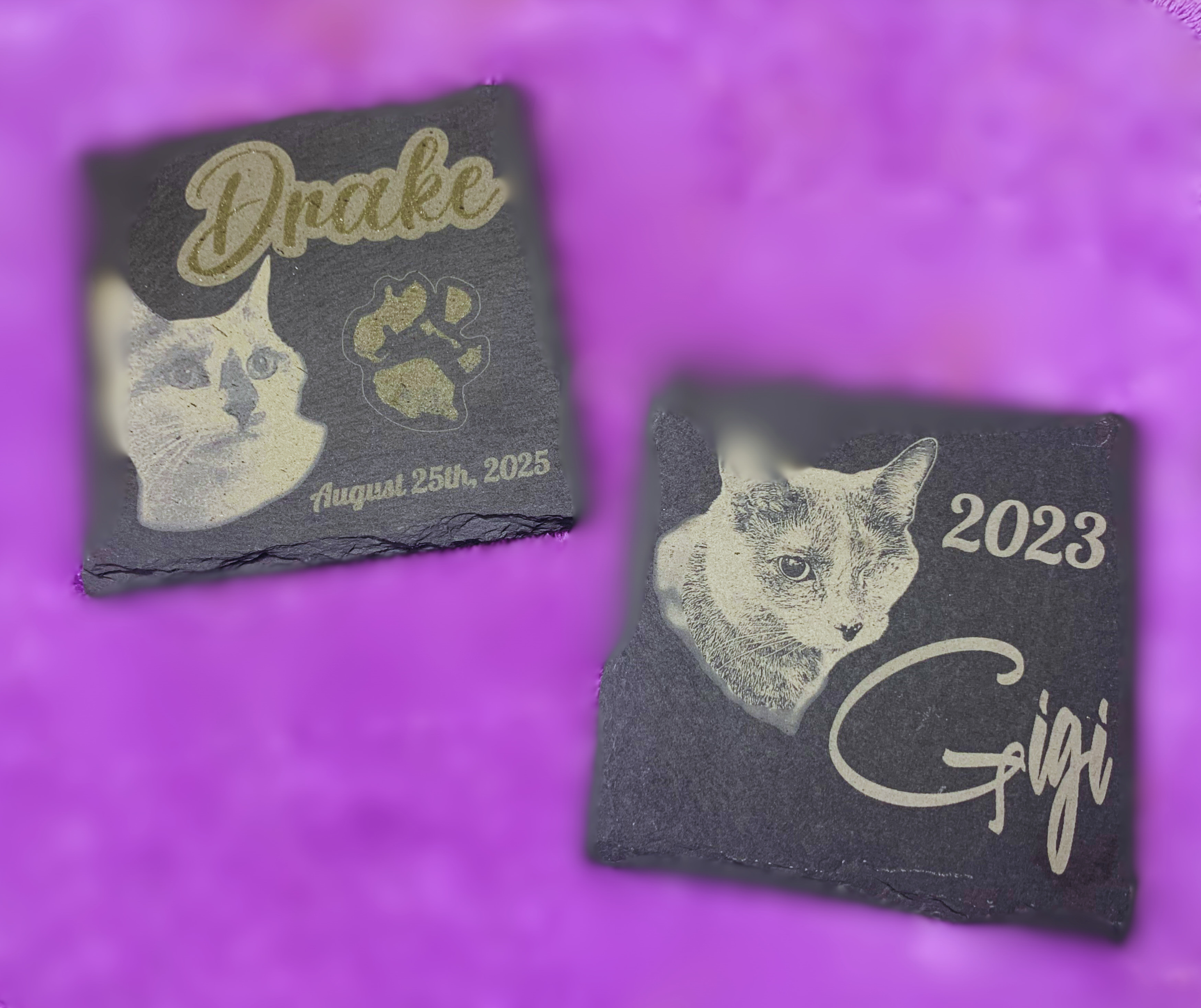 Laser engraved pet memorial slate coasters