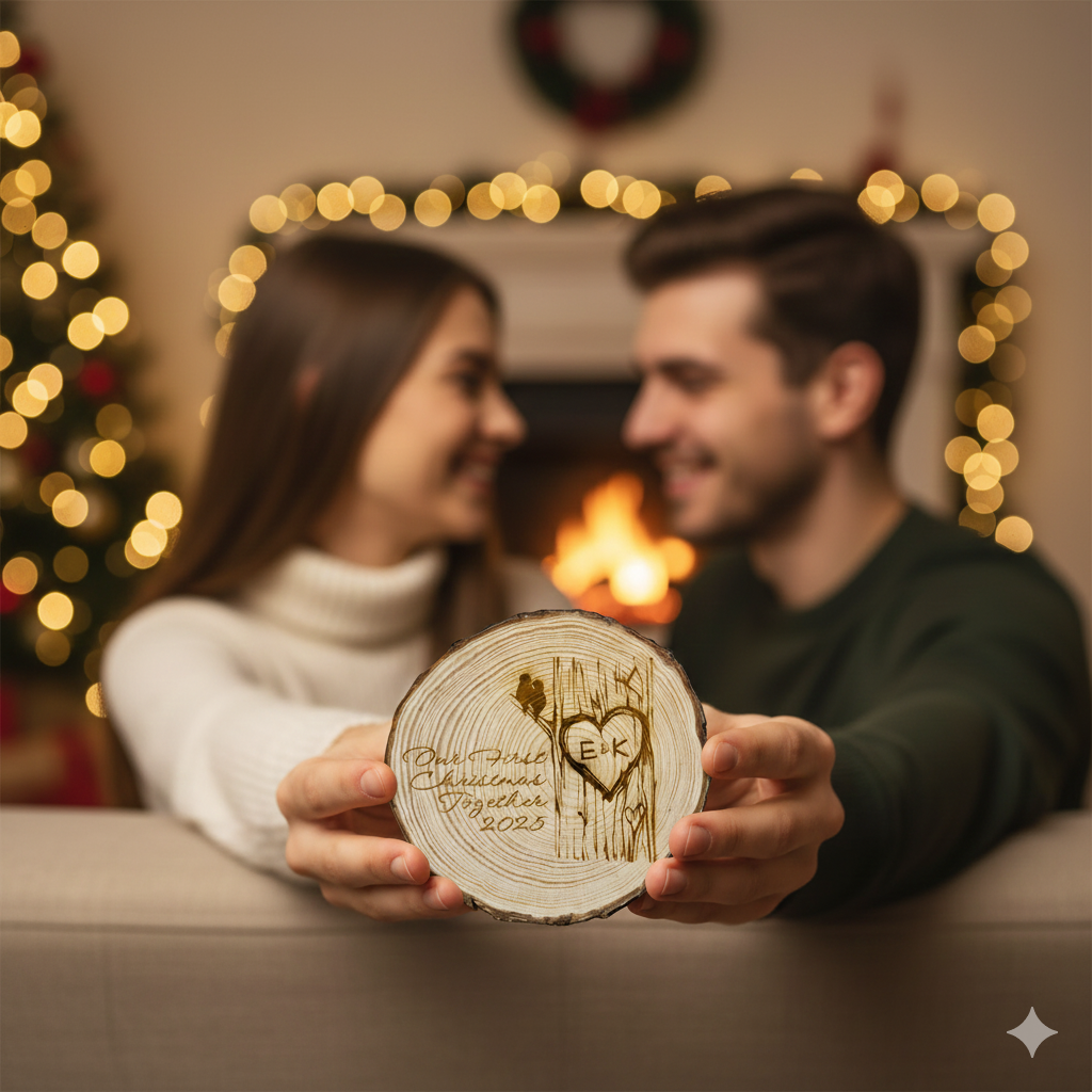 Our first Christmas ornament on a wood circle